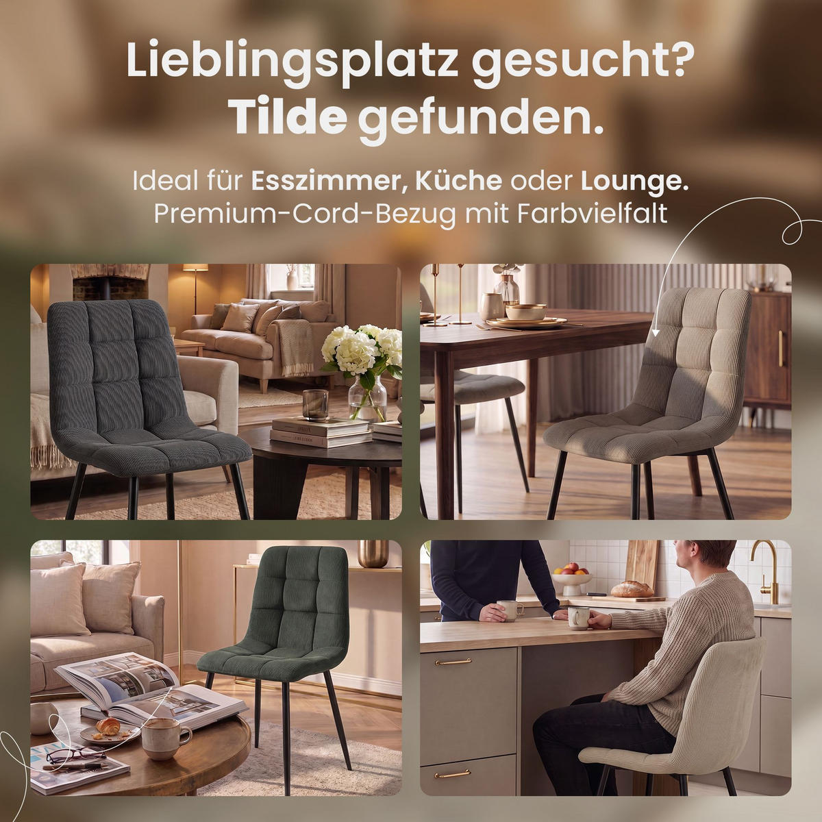 STUHL 4 Cord Grau - Schwarz/Grau, Textil/Metall (45/84/55cm) - CLP