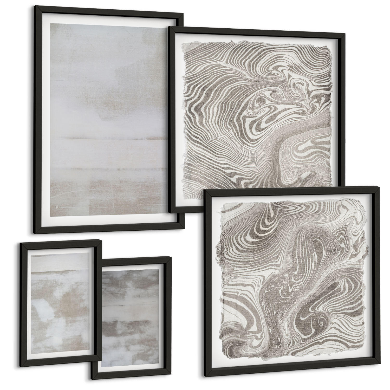 BILDER SET 5er Set - 50x50 cm & 20x30 cm & 40x60 cm Schwarzer Rahmen - Abgenutzte Texturen, moderner Stil - Schwarz, Kunststoff (40/60cm) - TULUP