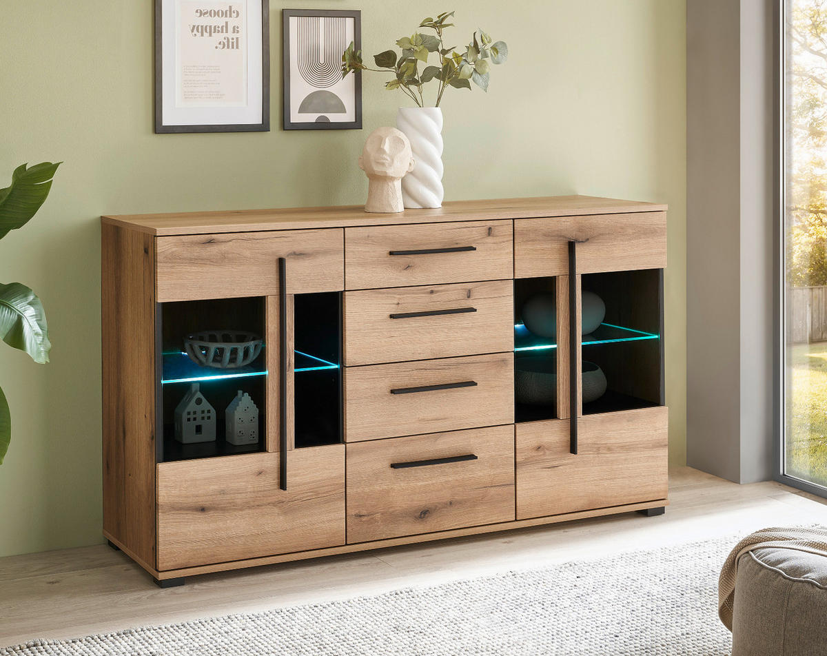 SIDEBOARD Eiche Evoke, Kommode 150 cm mit Beleuchtung - Eichefarben/Schwarz, Glas/Holzwerkstoff (150/86/42cm) - Furn.Design