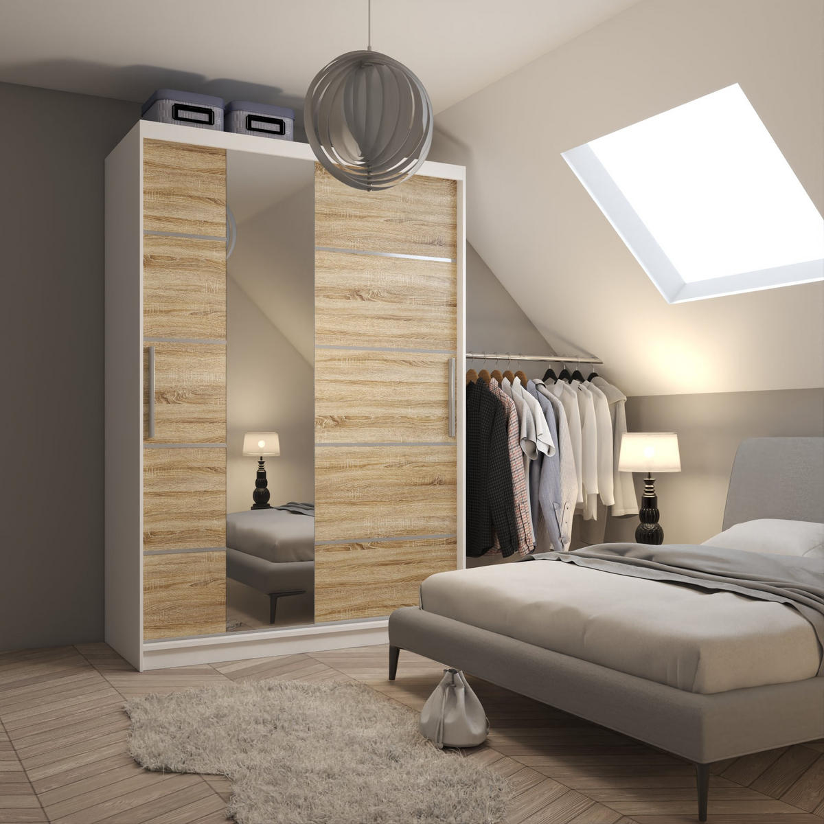 SCHWEBETÜRENSCHRANK Verona MBP, Weiß/Sonoma Eiche Matt, 133 cm, mit Spiegel - Sonoma Eiche, Holz (133/216/60cm) - B BELINI GROUP