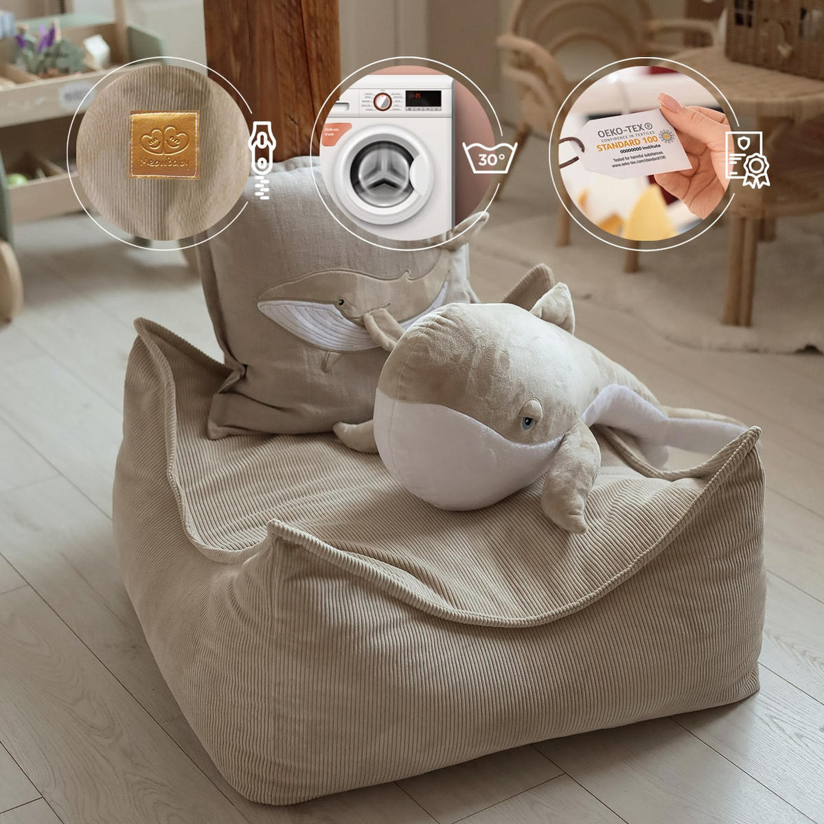 SITZPOUF für Kinder, Rund, Kord, Grau - Grau, Textil (65/20/65cm) - MeowBaby