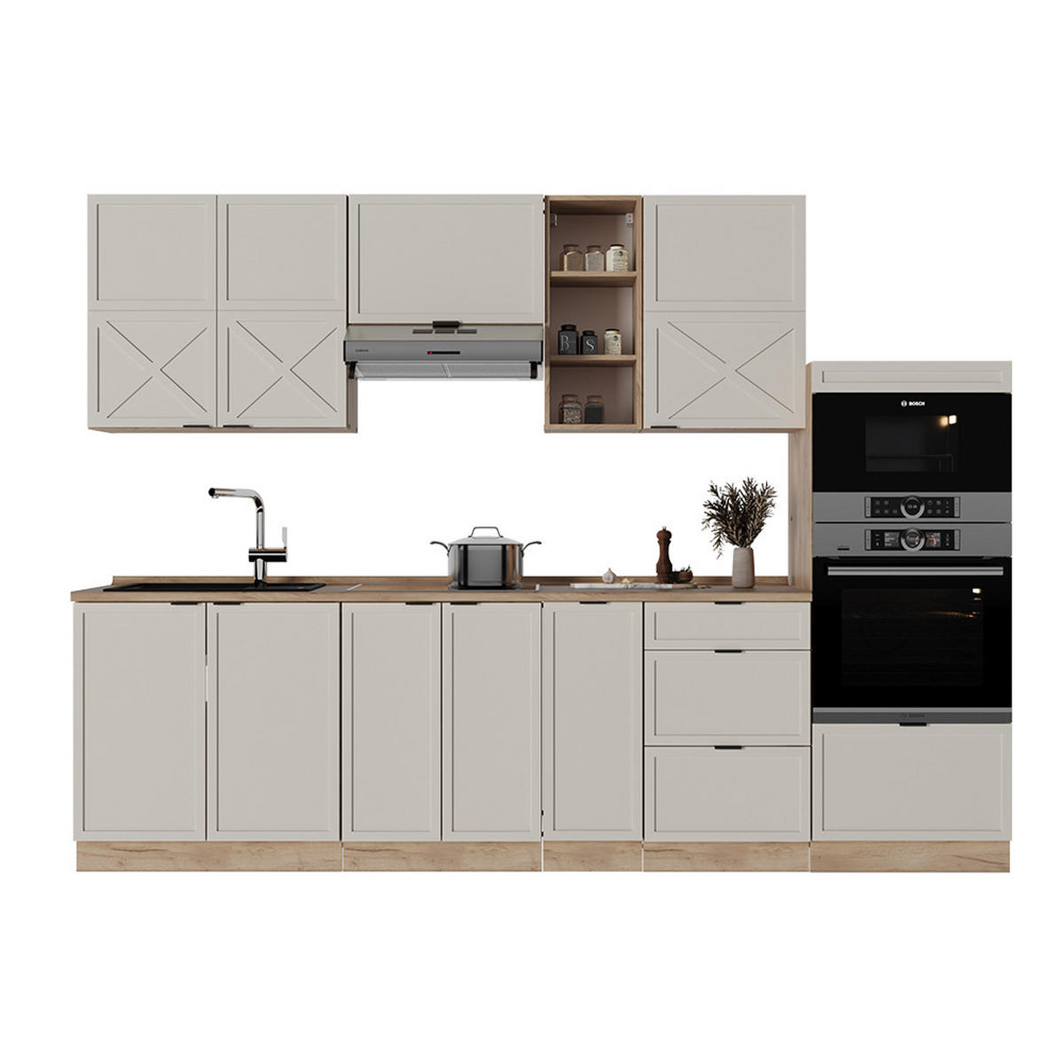 KÜCHENZEILE Fame-Line GrauBeige/Goldkraft Eiche 280 cm ohne AP - Honigeiche/Grau, Holzwerkstoff (280/81.6/46cm) - Vicco