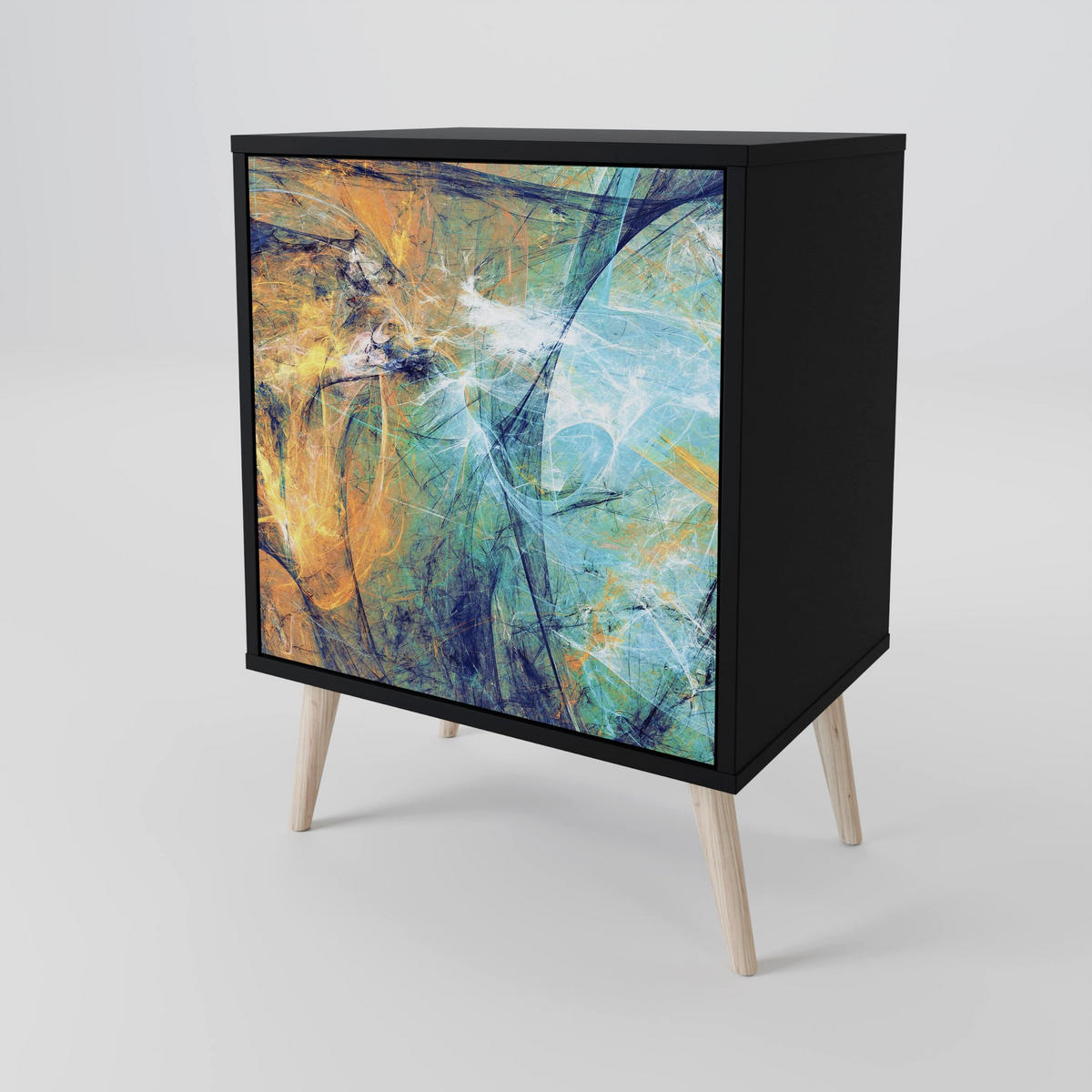 SIDEBOARD ABSTRACT THOUGHTS, Schwarz, 57,5x42x67,5 cm, Schwarze Metall-Rahmenfüße - Multicolor/Schwarz, Holzwerkstoff/Metall (57.5/67.5/42cm) - SpaceRebels