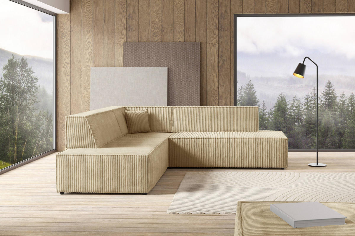 ECKSOFA TESSO II L-S Beige Kordstoff mit Schlaffunktion - Beige, Holz (254/254cm) - MASSENO
