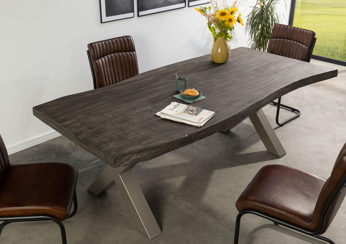 BAUMTISCH Mango 240x100x77 grau lackiert / X-Beine silber matt FREEFORM 5 - Grau, Holz (240/100/77cm) - Massivmoebel24