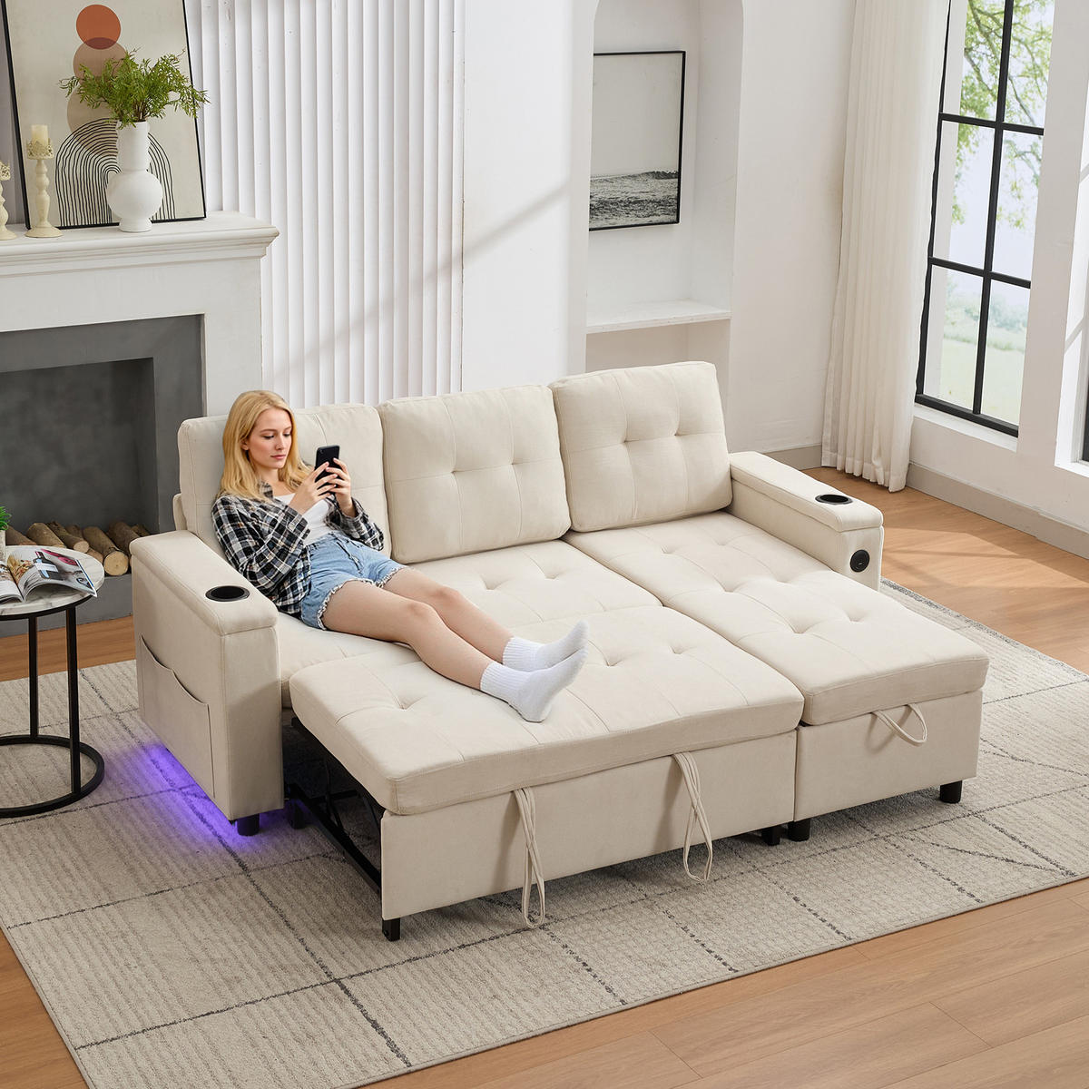 3-SITZER SCHLAFSOFA Vliesstoff Beige mit Stauraum, LED, USB und Typ-C - Beige, Holzwerkstoff/Textil (208/146cm) - WISHDOR