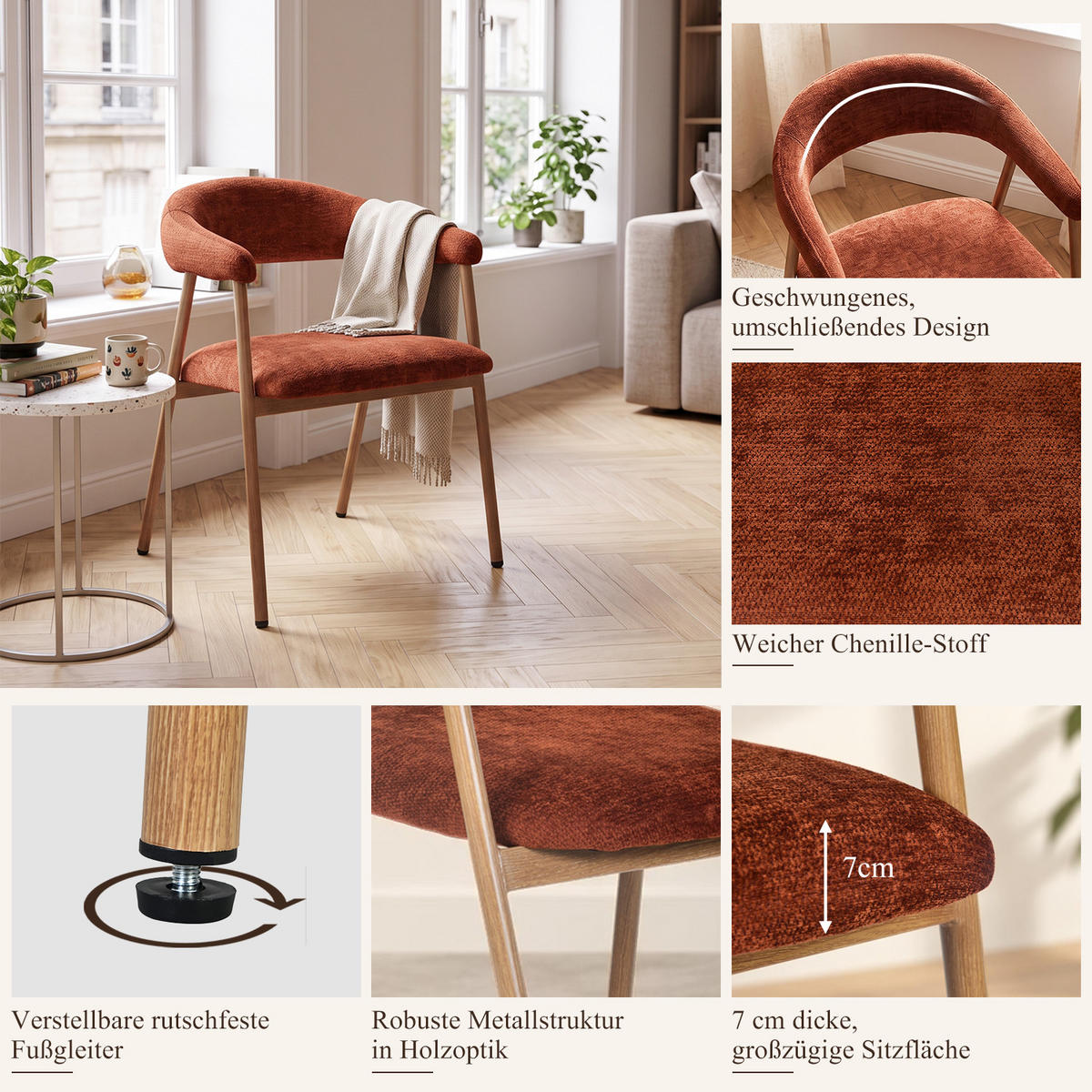 ESSZIMMERSTÜHLE 6er-Set, gepolstert, Chenille, Metallbeine in Holzoptik, Rot - Rot, Textil (61/80.5/59cm) - Meubles Cosy