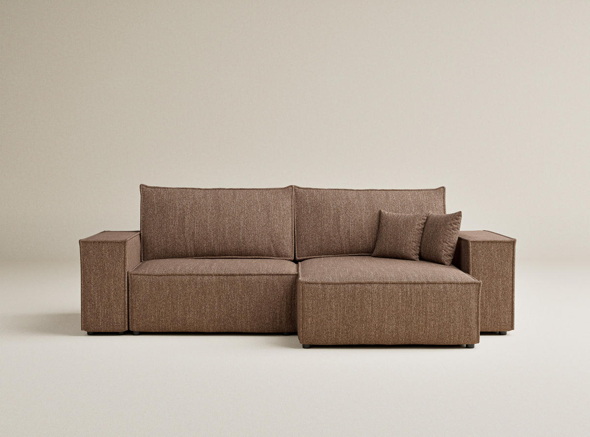 ECKSOFA MIT SCHLAFFUNKTION Zaya Hellbraun Webstoff - Hellbraun/Schwarz, Holz/Holzwerkstoff (255/148cm) - Maison de Reve