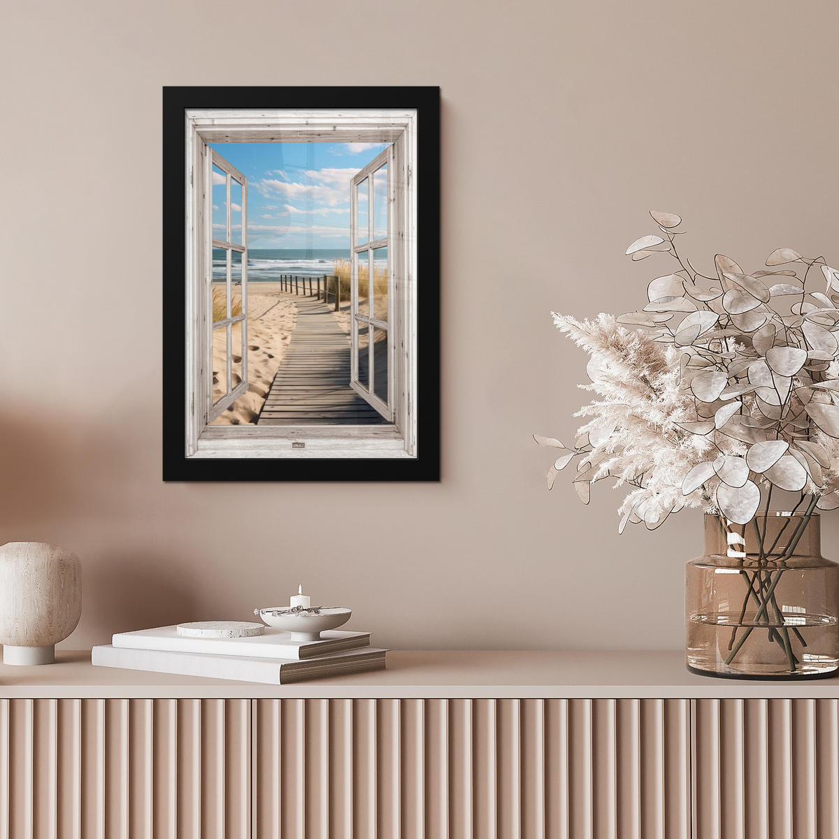 GERAHMTES BILD Fenster - Meer - Küste - Natur - Ausblick - Strand - Wattenmeer 20x30 cm - Beige, Papier (20/30cm) - MuchoWow
