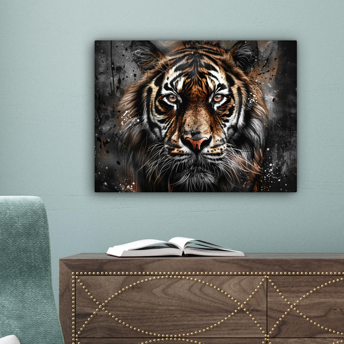 LEINWANDBILD Tiger - Tiere - Porträt - Luxus - Schwarz Wandbild 40x30 cm - Anthrazit, Textil (40/30cm) - MuchoWow