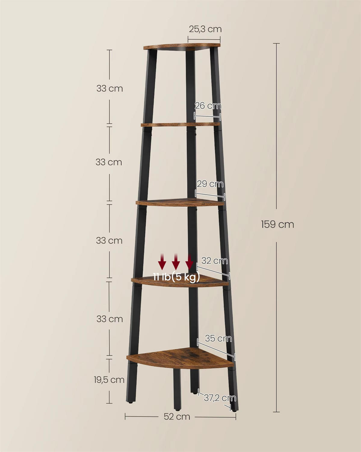 ECKREGAL Metall & Holz 5 Ebenen Designregal - Braun, Metall (52/159/37cm) - Kaket