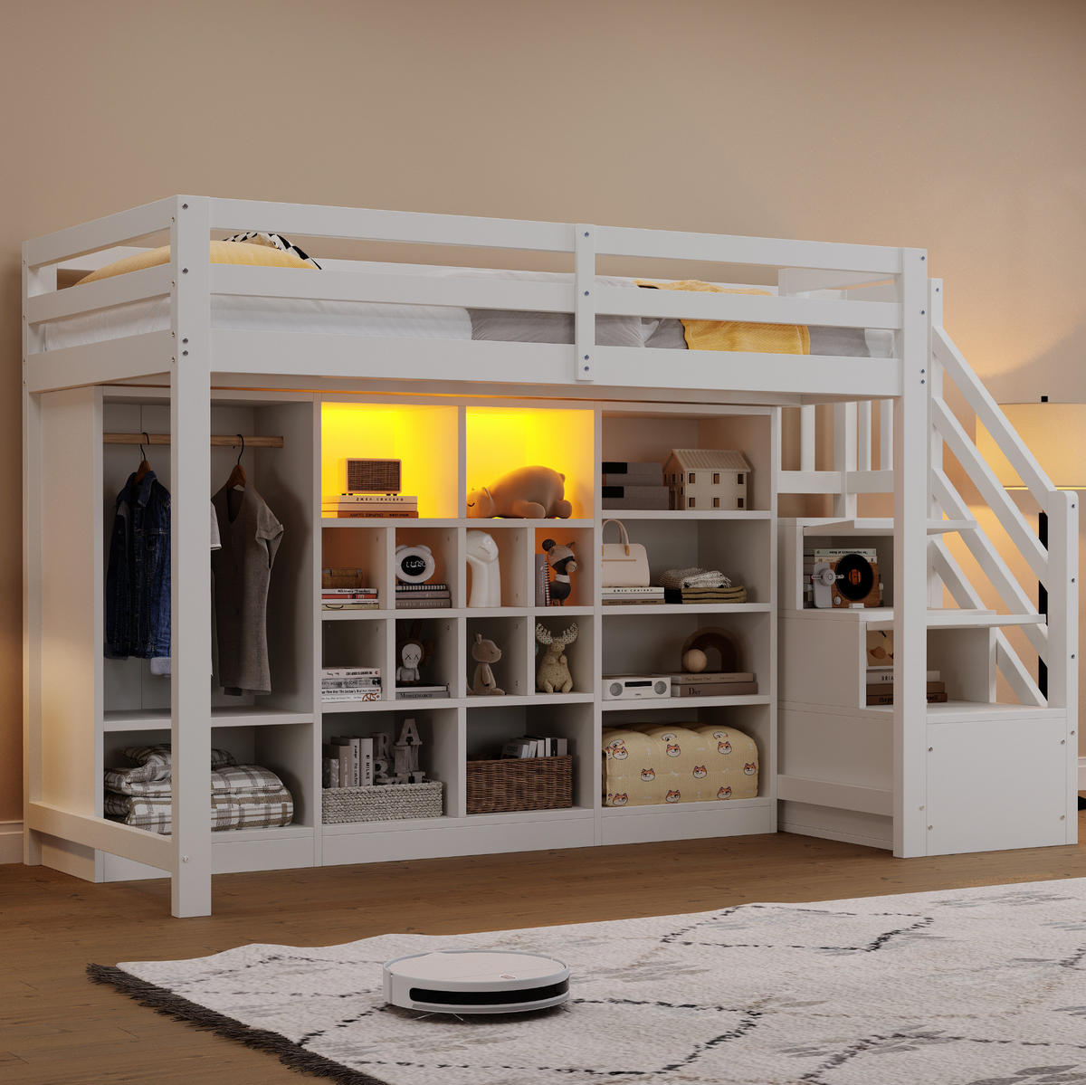 HOCHBETT 90/200 cm aus Holz mit Stauraum, Kleiderschrank und LED-Beleuchtung Weiß - Weiß, Holz (90/200cm) - Modenvie