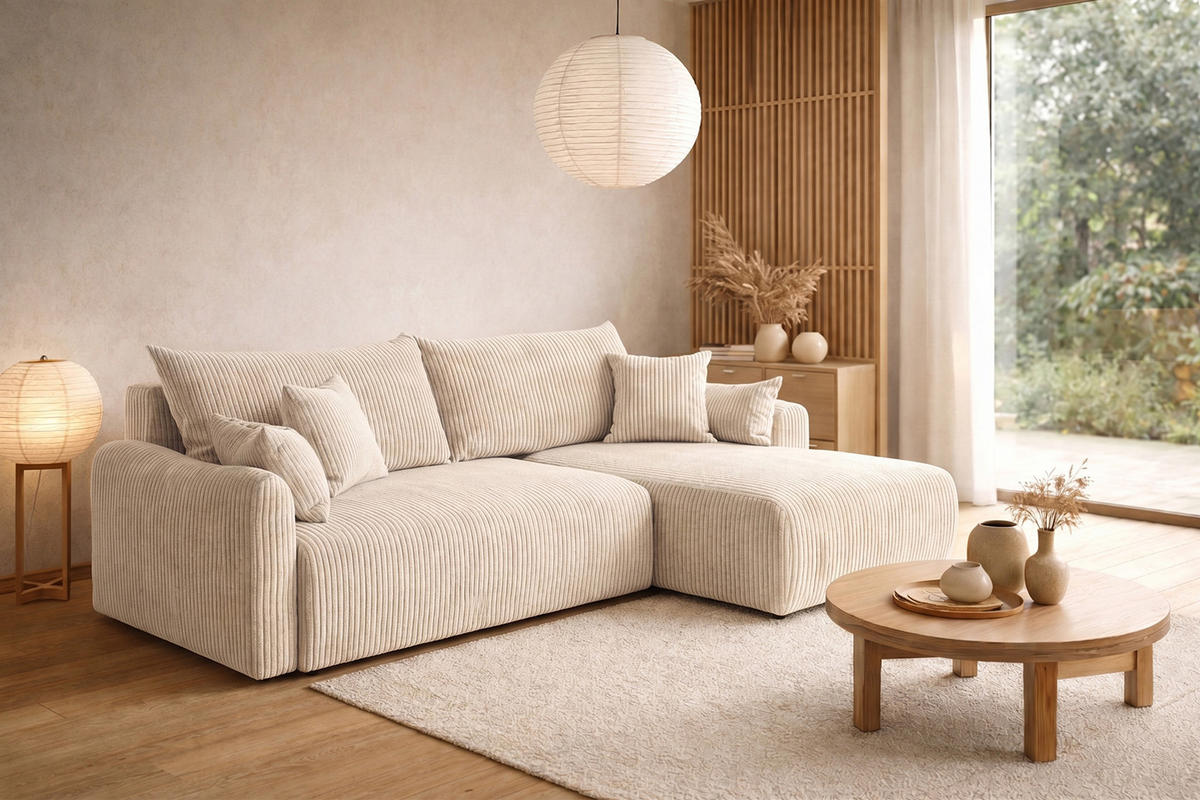 ECKSOFA Mit Schlaffunktion, Cordstoff Poso, Beige, Rechts, JAPANDI - Creme, Holz (262/145cm) - Kaiser Möbel
