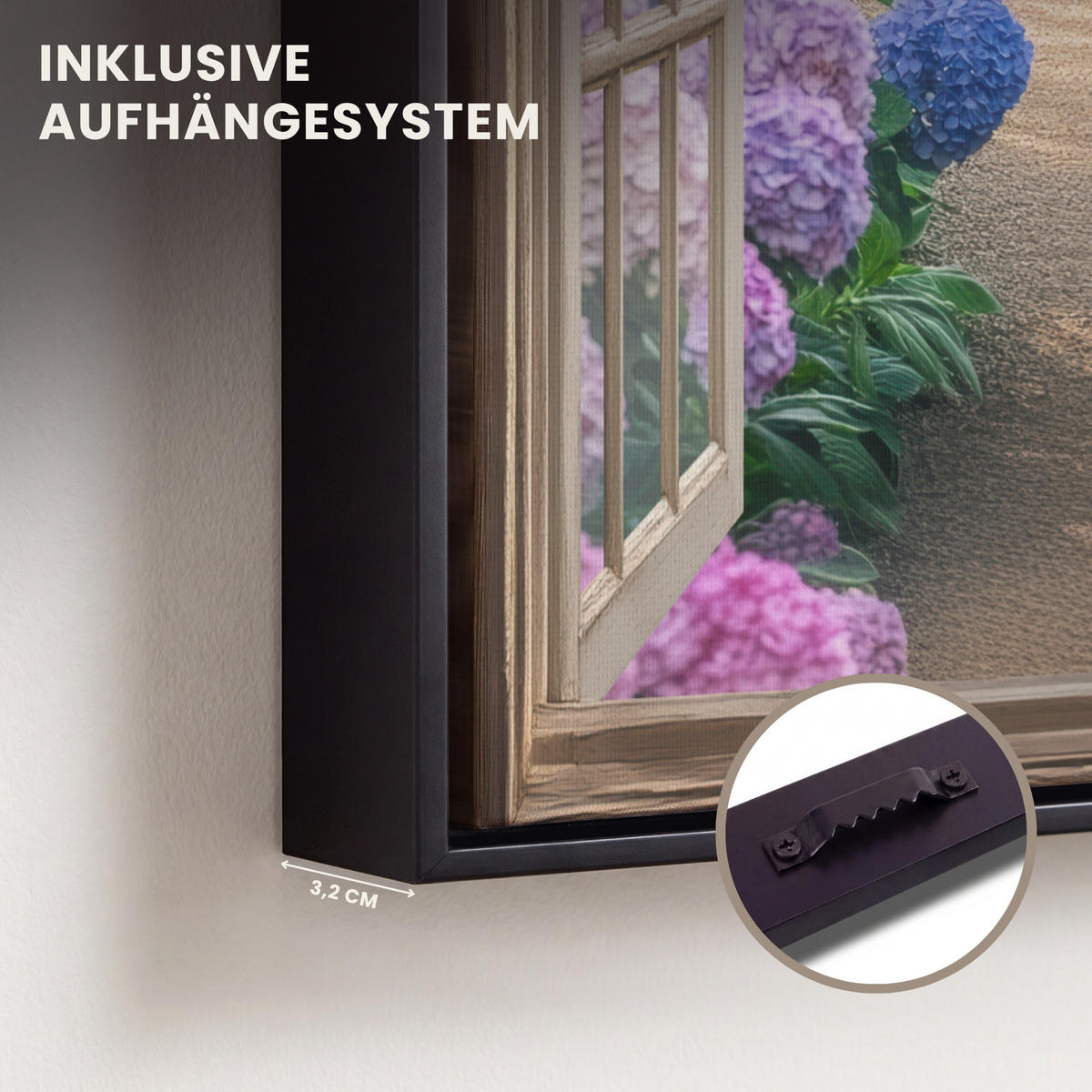 LEINWAND Bilder mit Rahmen - Aussicht - Garten - Fenster - Hortensie - Blumen - 20x30 - Pastellblau, Textil (20/30cm) - MuchoWow