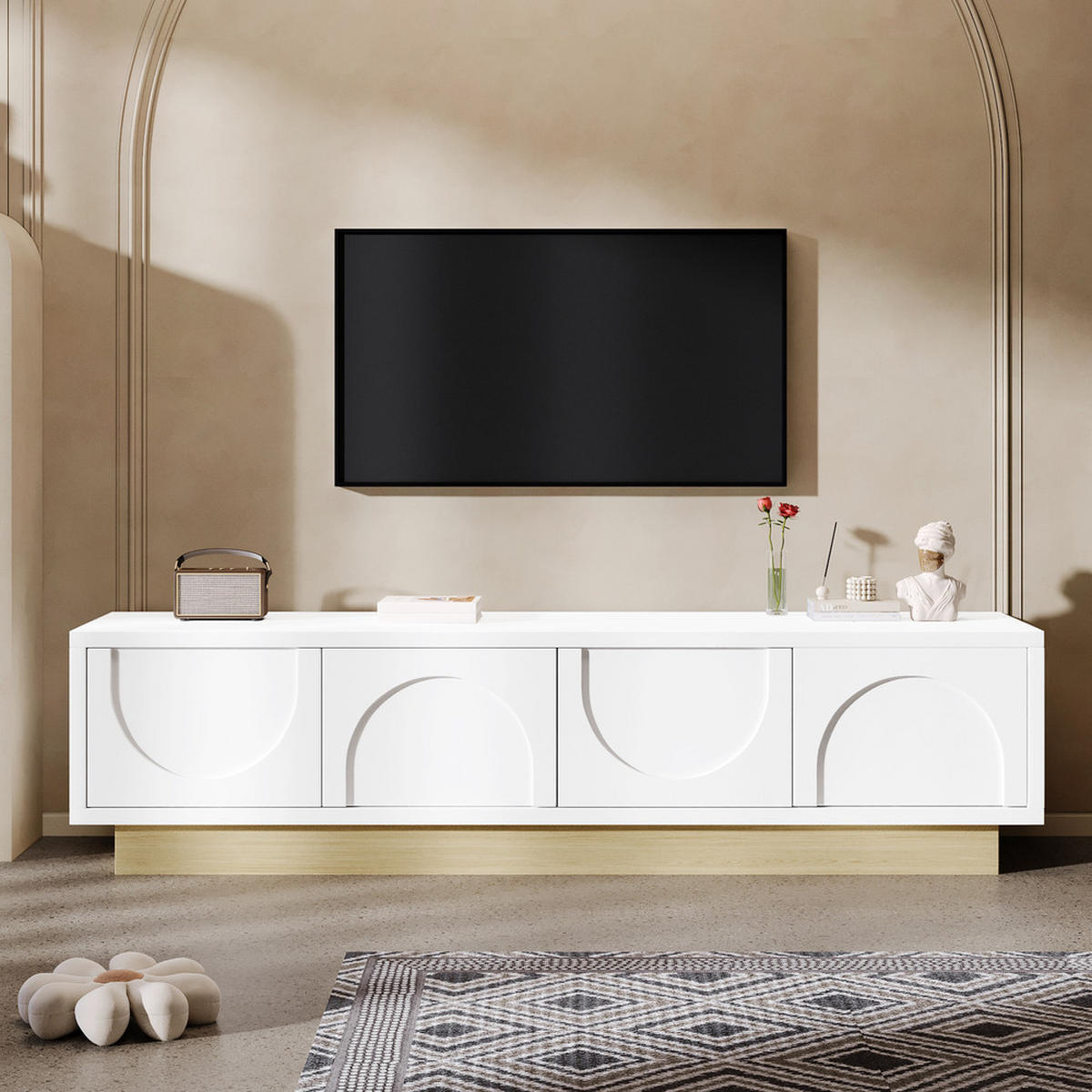 TV-SCHRANK 175cm Modern Weiß Holzmaserung Kurvendesign Stauraum - Weiß, Holz (39.37/21.08/56.9cm) - FLIEKS