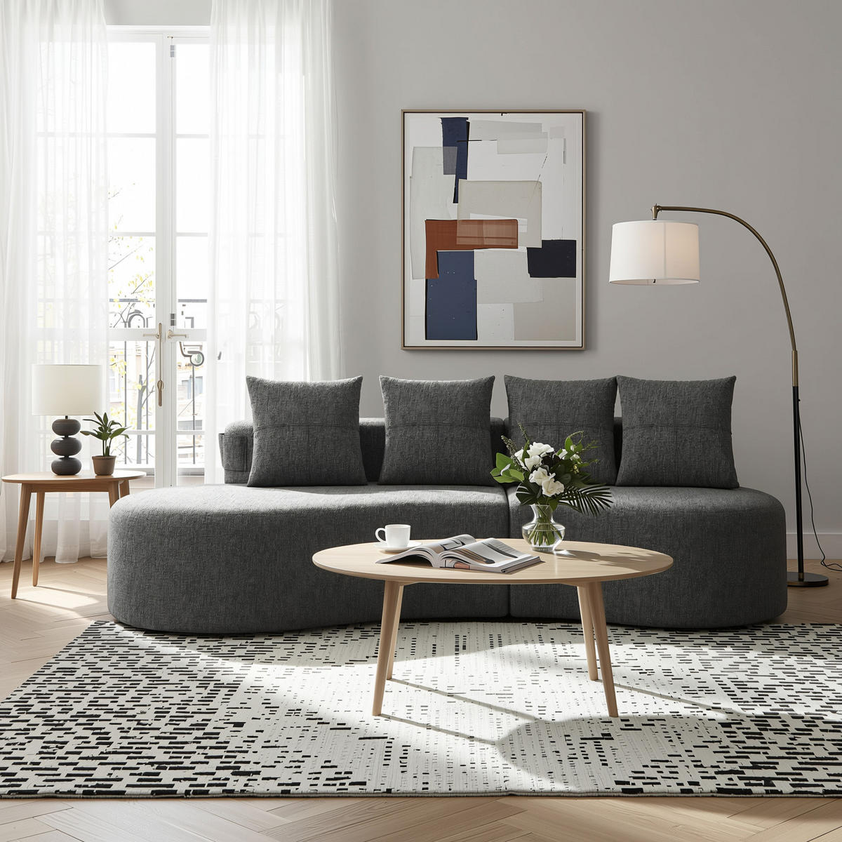 3-SITZER SOFA leinenstoff farbwahl mit getränkehalter & seitentaschen - Dunkelgrau, Textil (240/63/109cm) - Urban Meuble