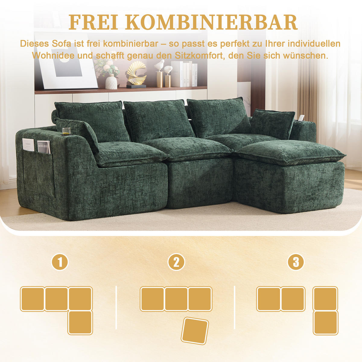 3-SITZER-SOFA aus Chenille, mit Fußhocker und Getränkehalter - Grün, Textil (256/75/161cm) - Urban Meuble