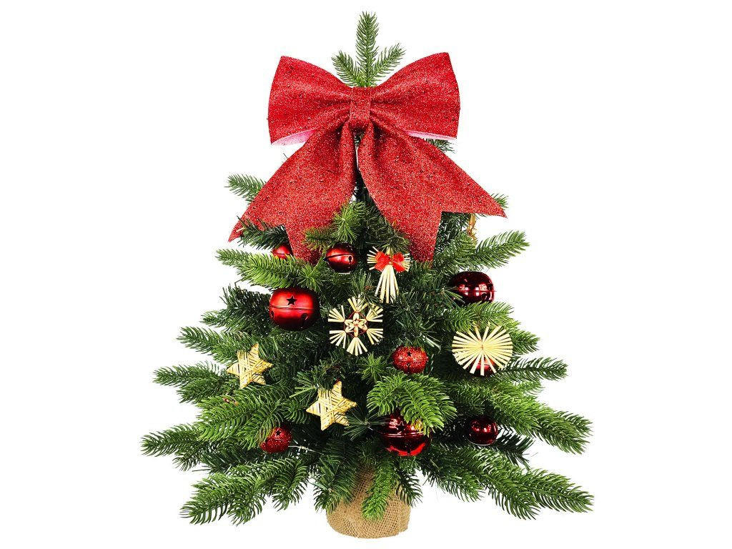 WEIHNACHTSBAUM künstlicher 60 cm mit LED-Beleuchtung, STROHORNAMENT, mit 31 Weihnachtsbaumschmuck, Pflanztopf mit Jutesack - Rot/Braun, Kunststoff/Stein (40/60cm) - LAALU