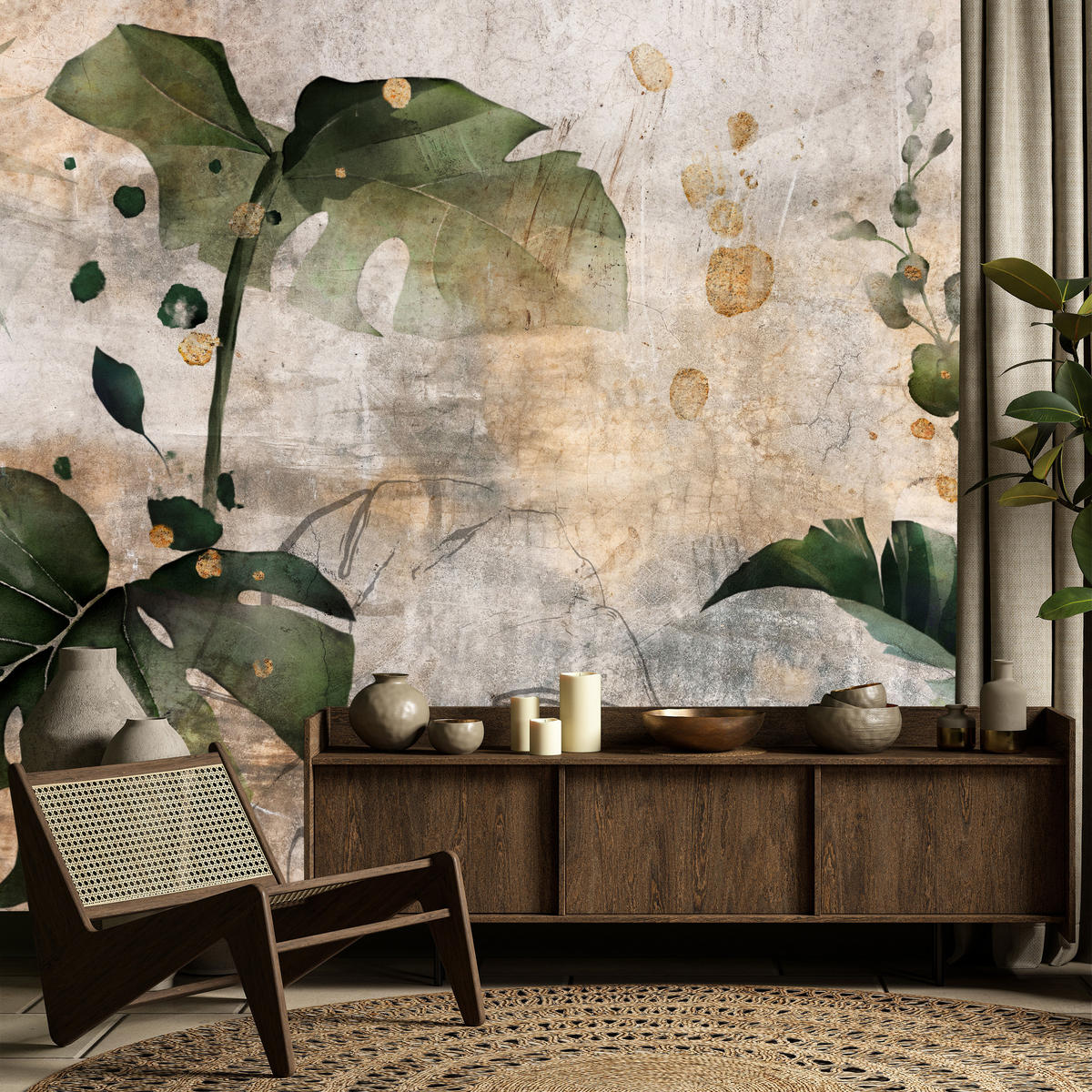 FOTOTAPETE für Schlafzimmer Tropisch Monstera Aquarell Retro 300x210 - Beige/Orange, Papier (300/210cm) - Muralo