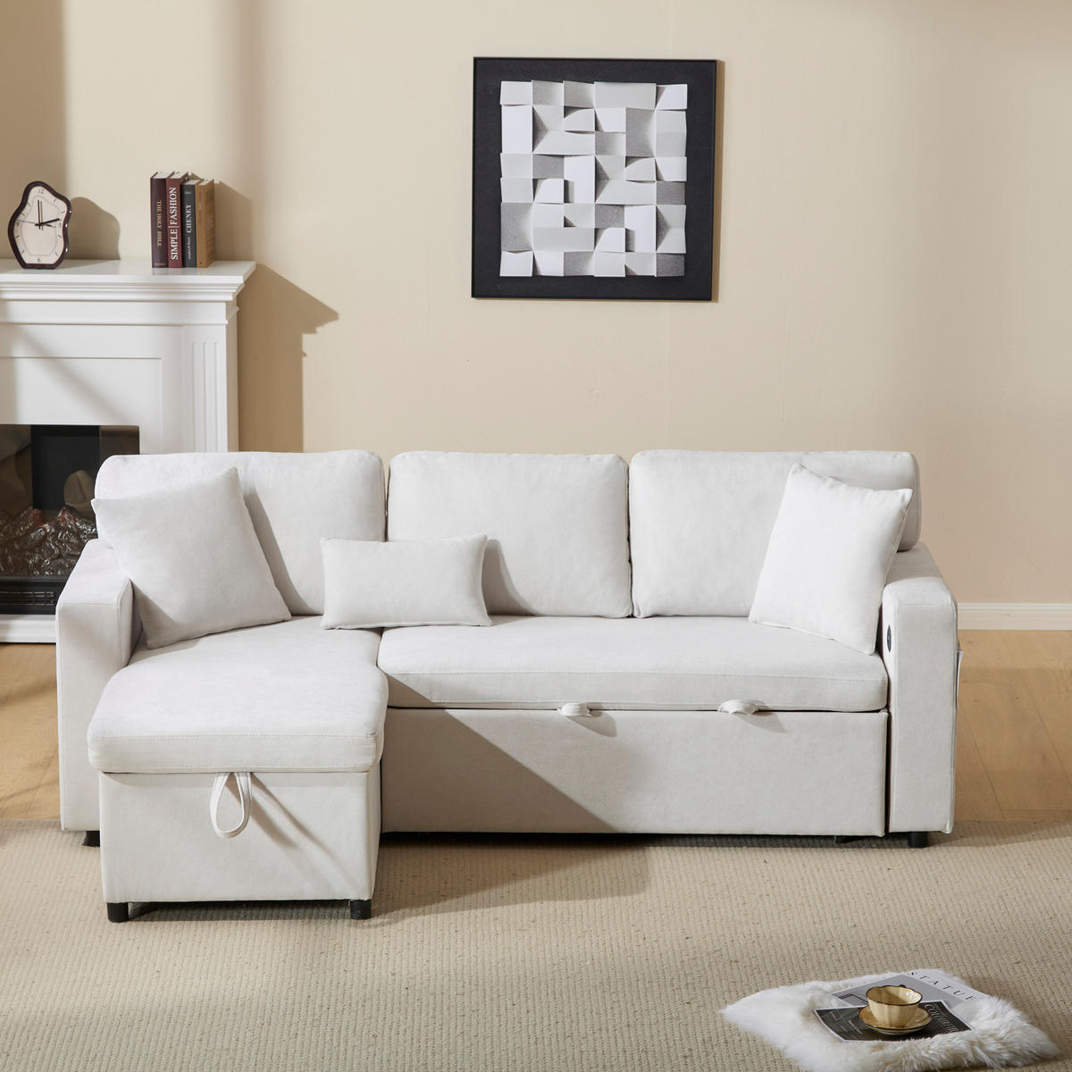 ECKSOFA L Form Schlafsofa Ausziehbar Stauraum Regal Beige - Beige, Textil (214/87/131cm) - FLIEKS