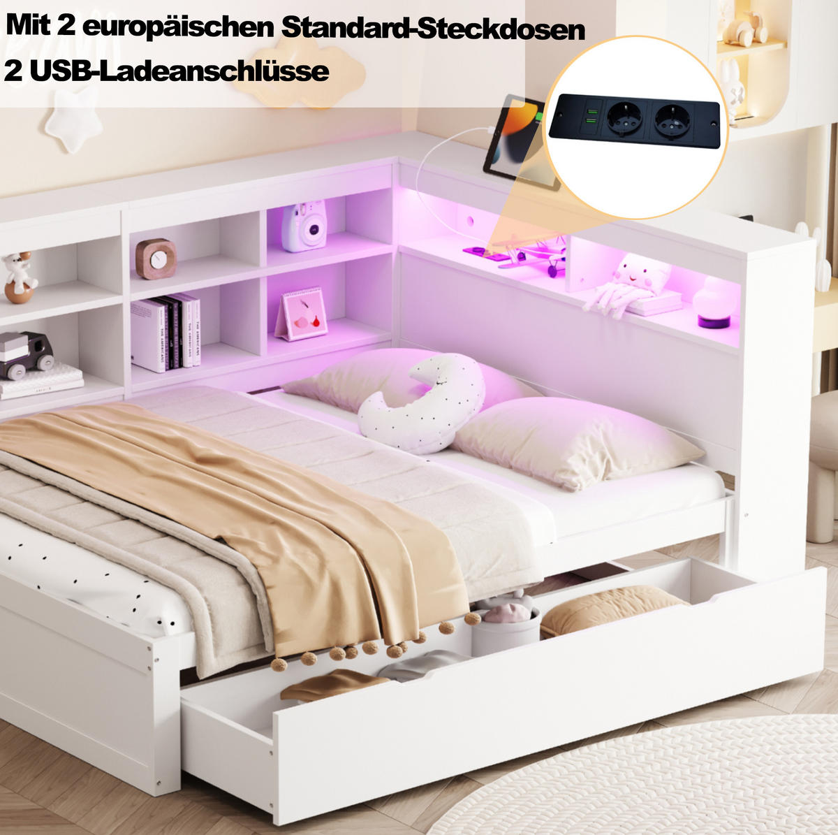 MULTIFUNKTIONSBETT 140x200 cm in Weiß mit Schubladen, LED-Beleuchtung und USB-Anschluss - Weiß, Holzwerkstoff (140/200cm) - IVMEU