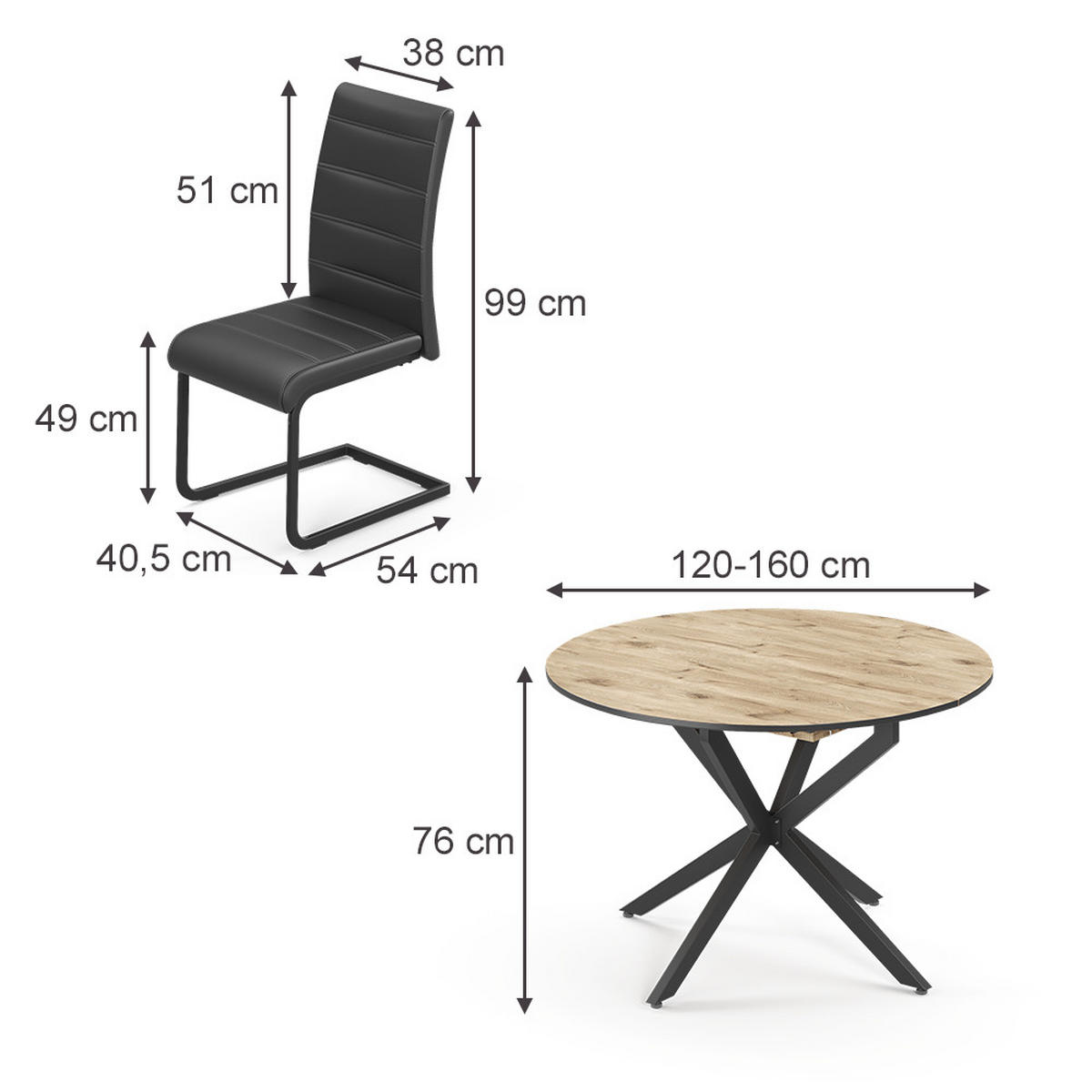 SÚPRAVA JEDÁLENSKÉHO STOLA Loyd, Rustikálny dub/čierna, 120 x 120 cm so 4 jedálenskými stoličkami, čierne - divoký dub/čierna, kompozitné drevo (120/76.5/120cm) - Vicco