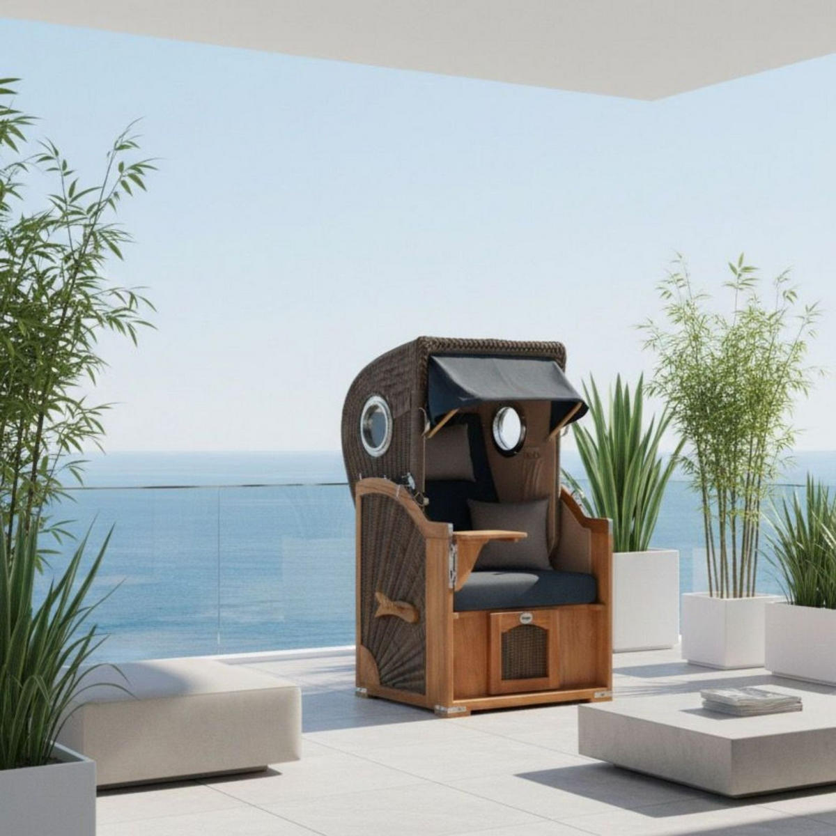 STRANDKORB Komplettset: Ammersee Single Teak Bullauge - PE grau - Modell 593 - Grau, Holz/Kunststoff (96/165/80cm) - bene living