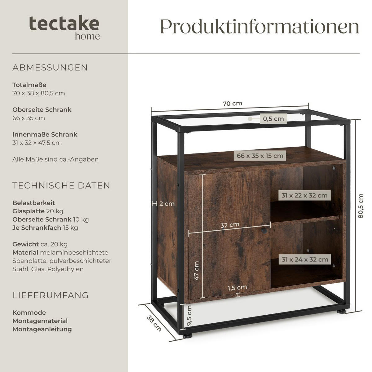 KOMMODE Conventry, 70 x 38 x 80,5 cm, Industrial Holz dunkel, rustikal - Rostfarben, Holzwerkstoff (70/38/80.5cm) - tectake