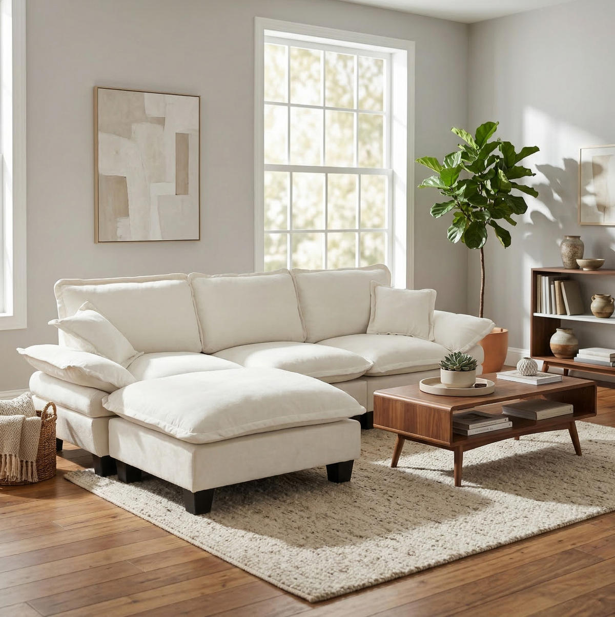 ECKSOFA aus Chenille 264x155x90 cm in Beige mit Ottomane & 2 Kissen - Beige, Textil (155/90/264cm) - Modfu