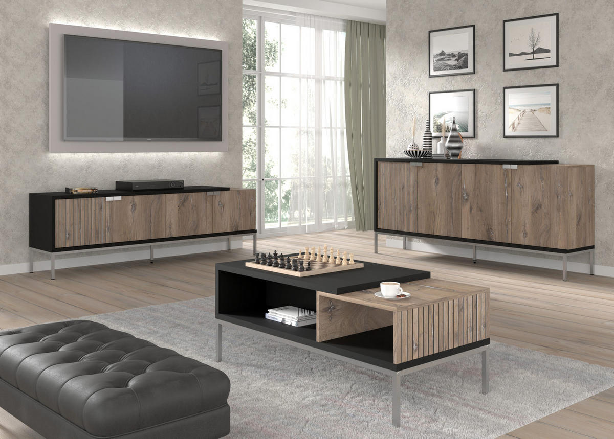 TV LOWBOARD Flagstaff Eiche, Schwarz 190/62/42 - Schwarz, Holzwerkstoff (190/62/42cm) - RAUMHIRSCH FURNITURE