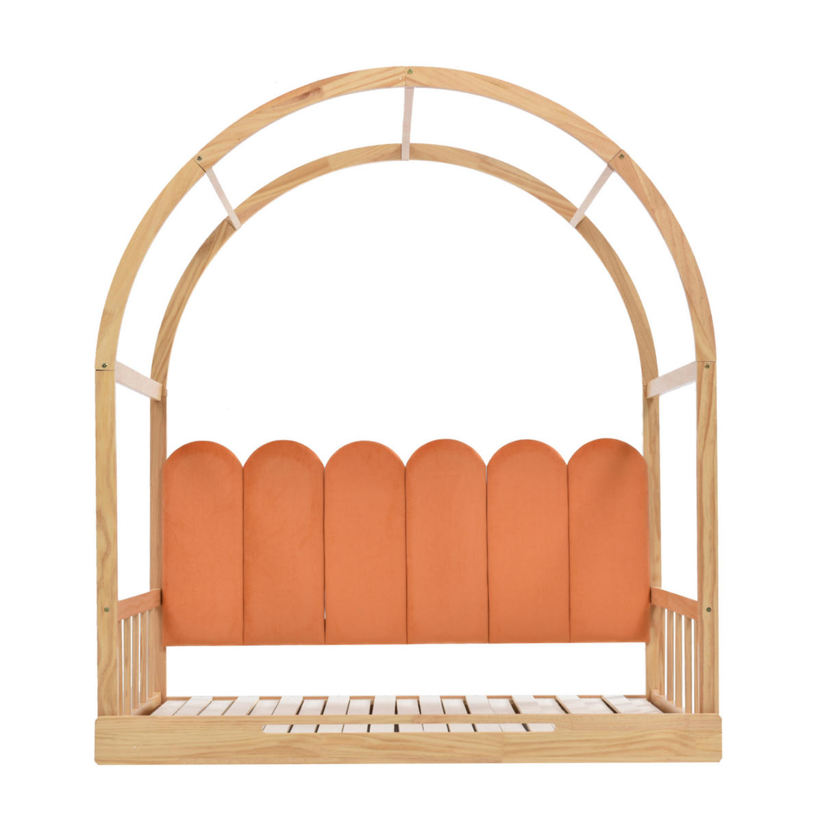 KINDERBETT aus Kiefer und MDF 140x200 cm Natur/Orange ausziehbar mit Dachrahmen, Kissen und 3-seitigem Schutz - Naturfarben, Holzwerkstoff (140/200cm) - Modfu