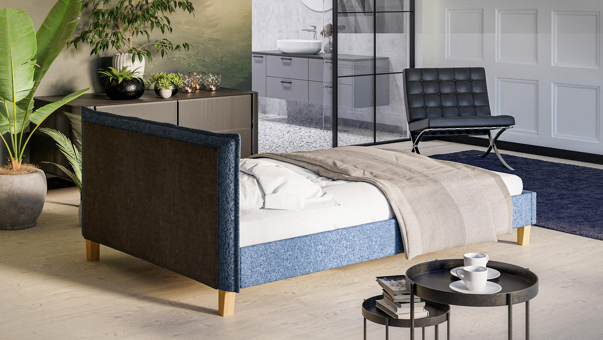 POLSTERBETT Arles 140/200 cm Boucle-Stoff - Blau/Hellbraun, Holz/Textil (140/200cm) - S-Style Möbel
