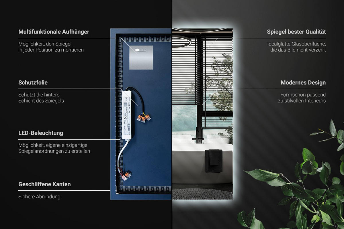 LED-SPIEGEL 70x50 cm Rechteckig Kaltweiß 6000K - Transparent, Glas (50/70/0.4cm) - Wallfluent