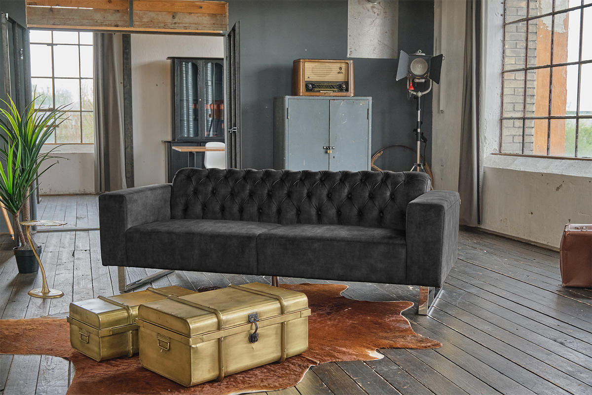 SOFA NILO Grau Velvet - Anthrazit/Silberfarben, Textil (220/77/87cm) - KAWOLA