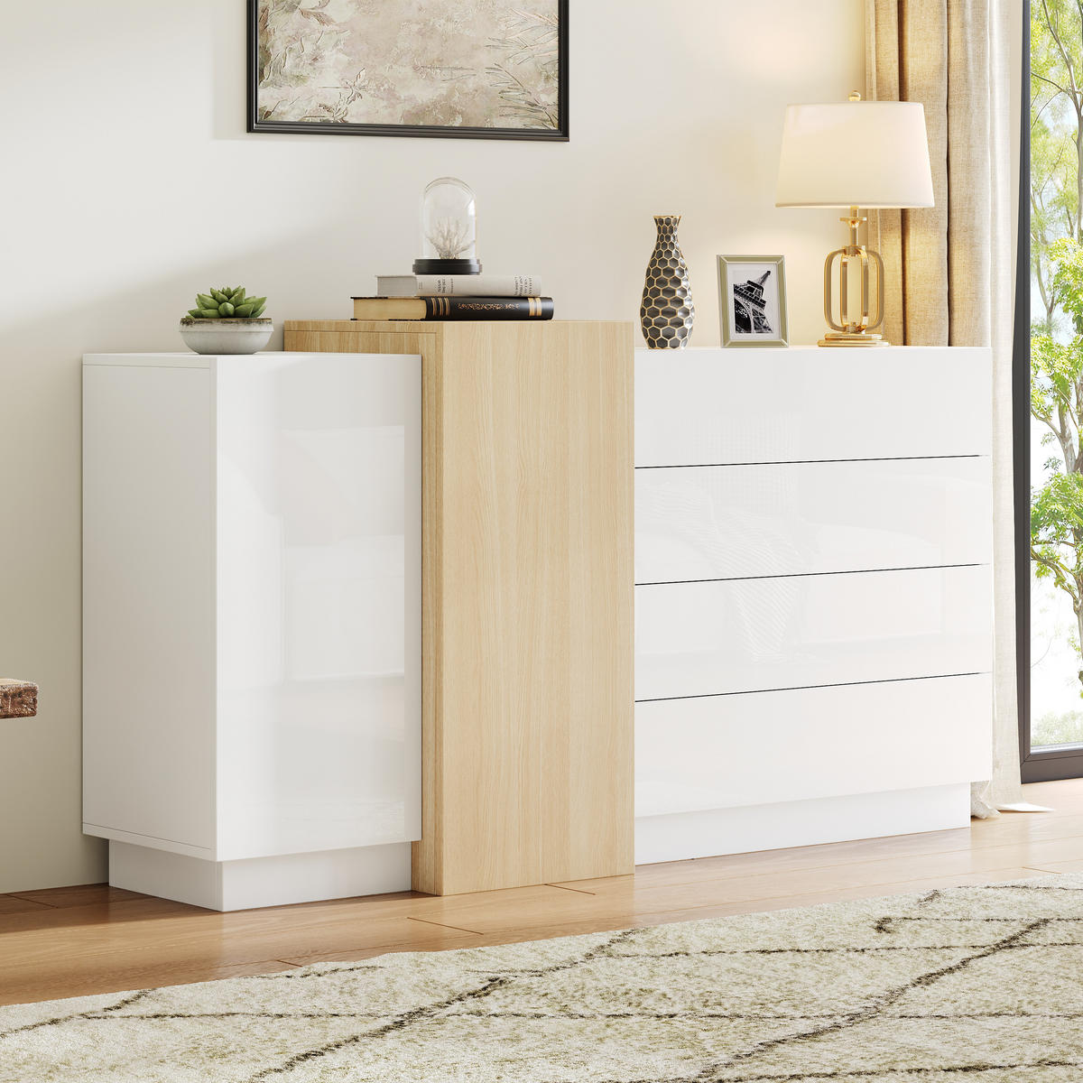 SIDEBOARD 140/35/76,5 cm in Weiß Hochglanz mit 4 Schubladen & 2 Türen - Weiß, Holzwerkstoff (140/76.5/35cm) - BEAOK