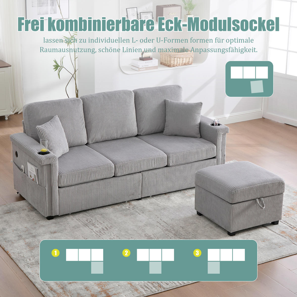 MODULARES Sofa Corduroy mit LED und USB-Anschluss Stauraum und Taschen 194/73/81 cm Hellgrau - Hellgrau, Textil (73/194cm) - Redom