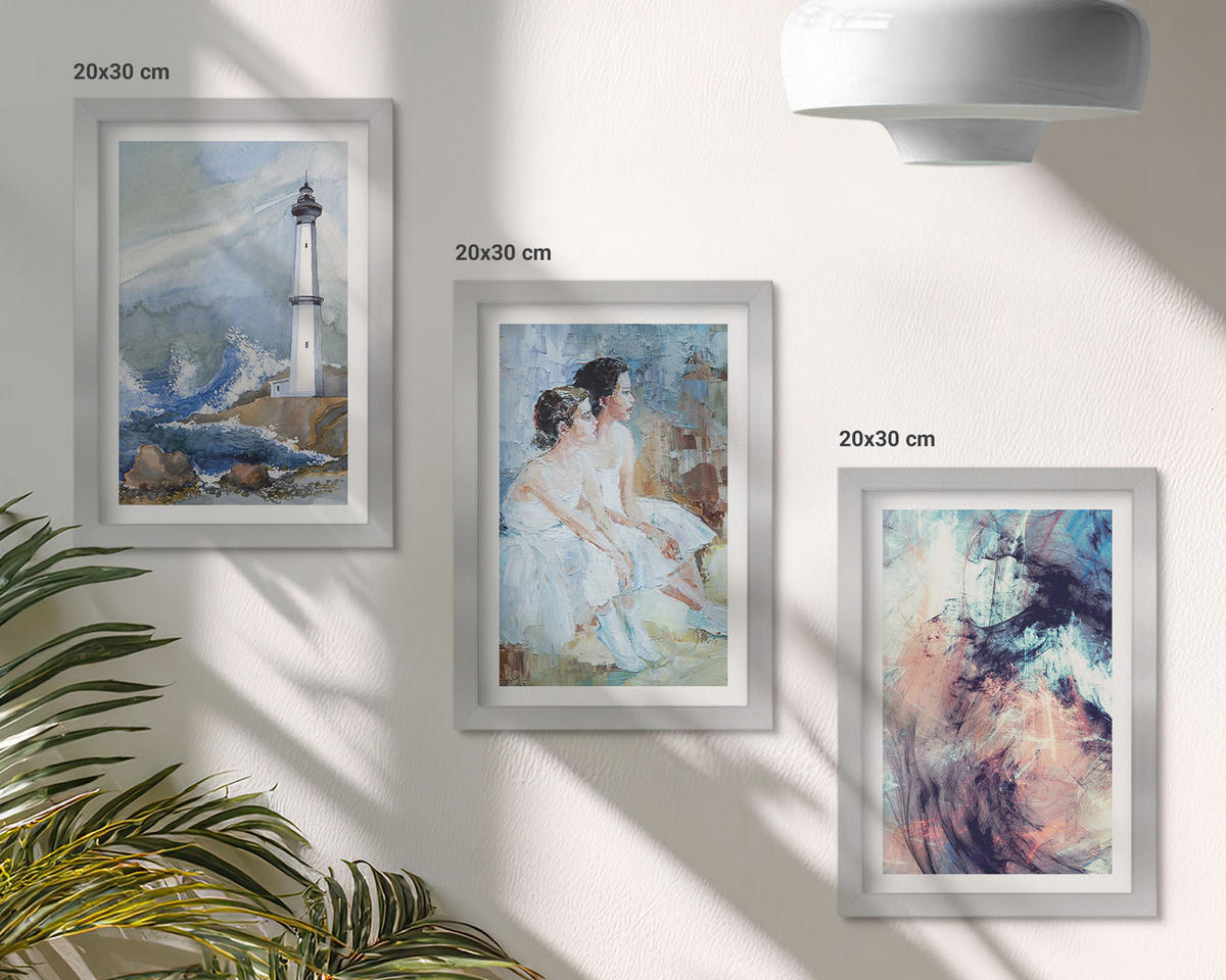 WANDBILDER 3er Set - 20x30 cm Silberner Rahmen - Leuchtturm-Abstrakte Tänzerin - Silberfarben, Kunststoff (20/30cm) - ArtPrintCave
