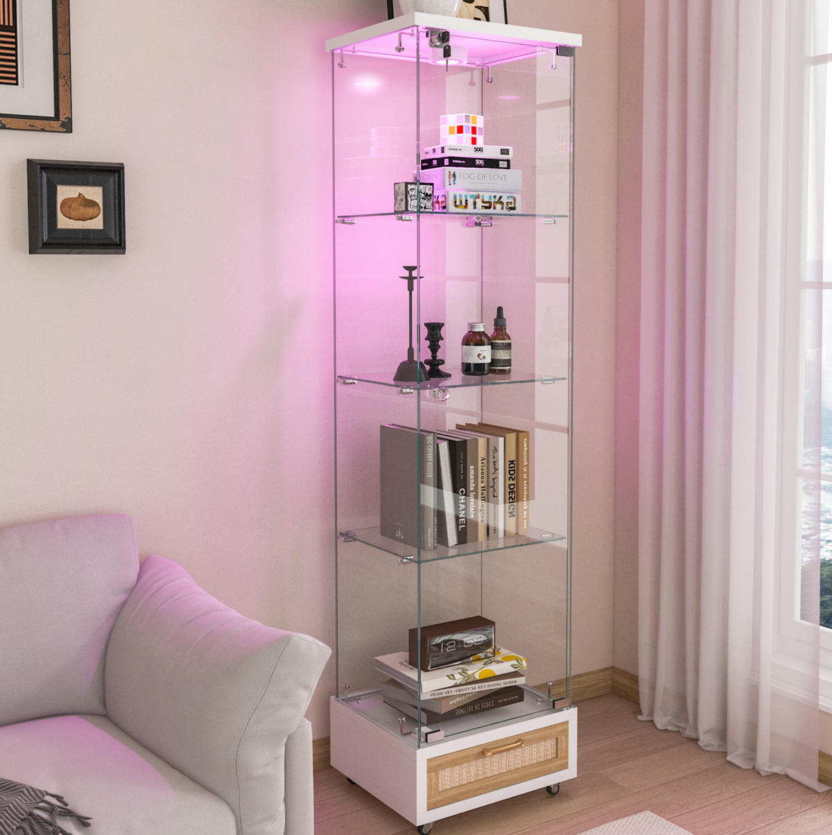 VITRINA 36,5/42,5/167 cm bijela od MDF-a i kaljenog stakla s LED rasvjetom i ladicama - bijela, drvni materijal (42.5/167/36.5cm) - OKWISH
