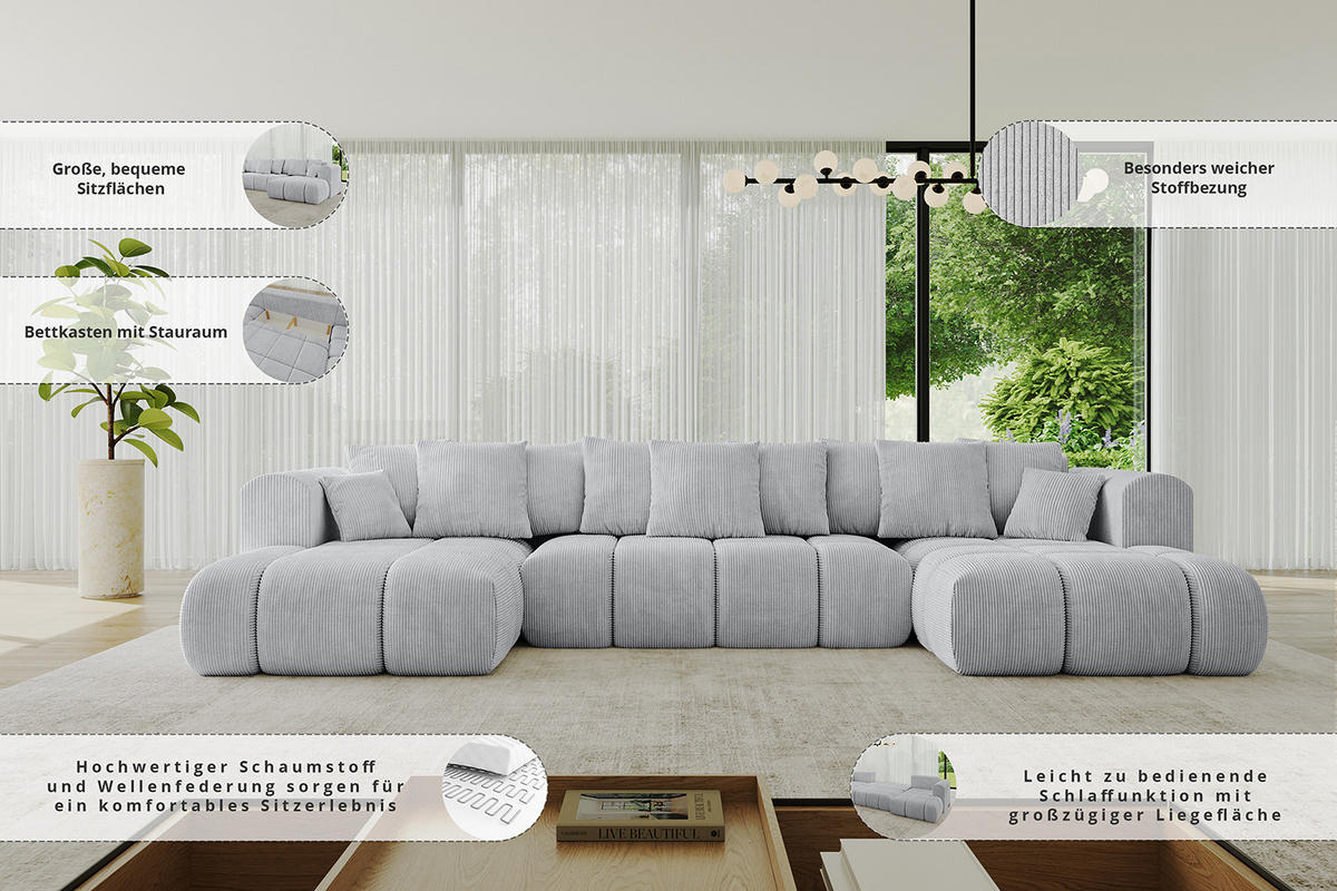 WOHNLANDSCHAFT Ottomane Links CLOUD-U-v1 414x180x40 Dunkelgrau Cord - Dunkelgrau, Holzwerkstoff/Kunststoff (414/90/180cm) - ALTDECOR