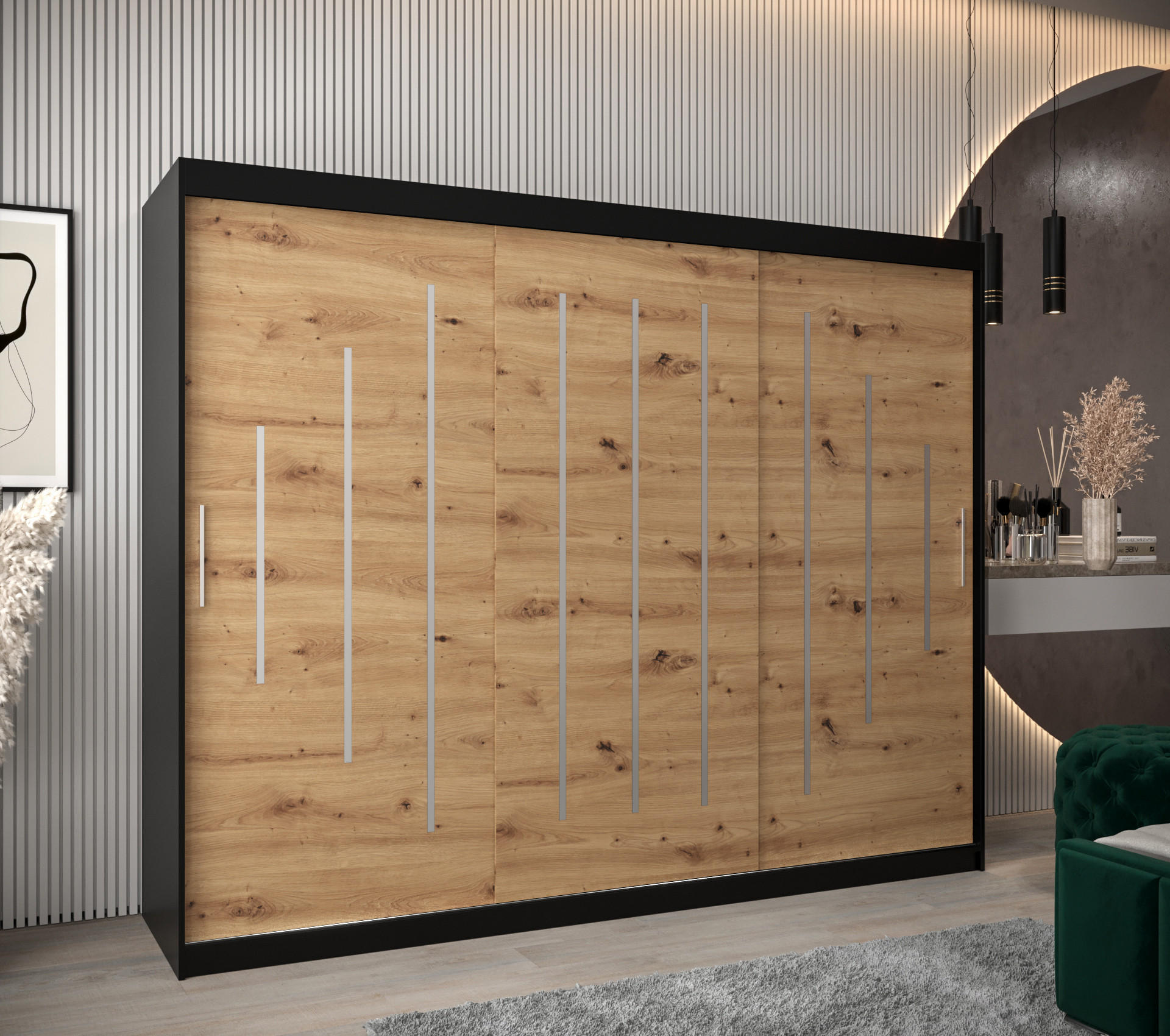 SCHWEBETÜRENSCHRANK 200/250/62 3-türig - Silberfarben/Schwarz, Holz/Kunststoff (250/200/62cm) - Abiks Möbel