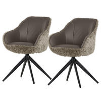 DREHBARER ARMLEHNENSTUHL - 2er-Set - Teddystoff / Kunstleder / Eisen - Graubraun/Schwarz, Kunststoff/Textil (60/83/65cm) - home24