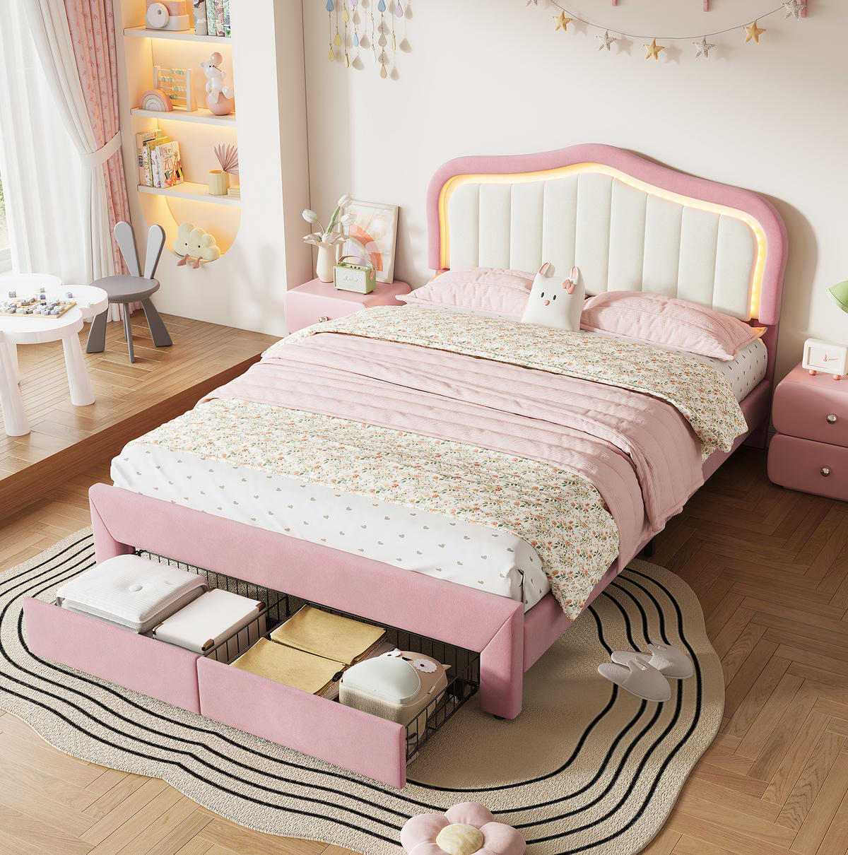 KINDER-POLSTERBETT aus Samt 140x200 cm Rosa mit Schubladen und App-gesteuerter LED-Beleuchtung - Pink, Textil (140/200cm) - Modfu