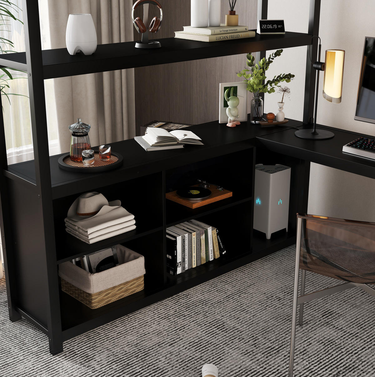 HOCHBETT 140/200 cm Schwarz aus Eisen und Spanplatte mit Schreibtisch und Kleiderschrank - Schwarz, Metall (90/200cm) - OKMYHOME