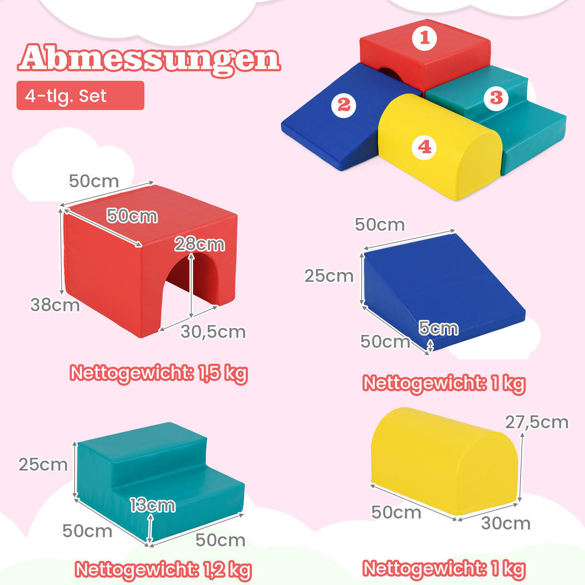 SCHAUMSTOFFBLOCK Rot (4-teilig) - Rot, Leder (50/38/50cm) - COSTWAY