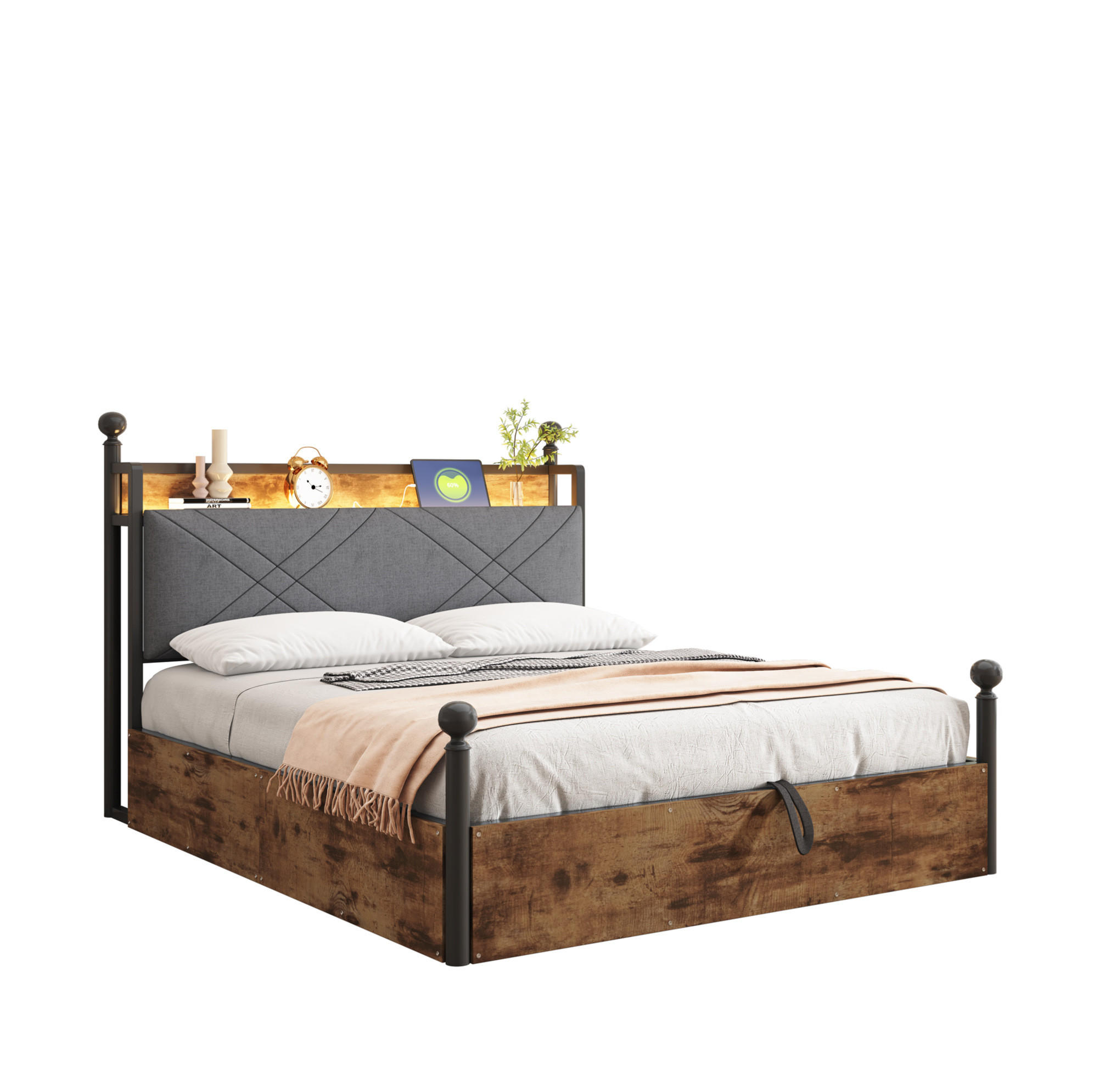 METALLBETT 140/190 cm mit Kopfteil, Stauraum, LED und USB/Type-C in Schwarz - Schwarz, Metall (140/190cm) - BEAOK