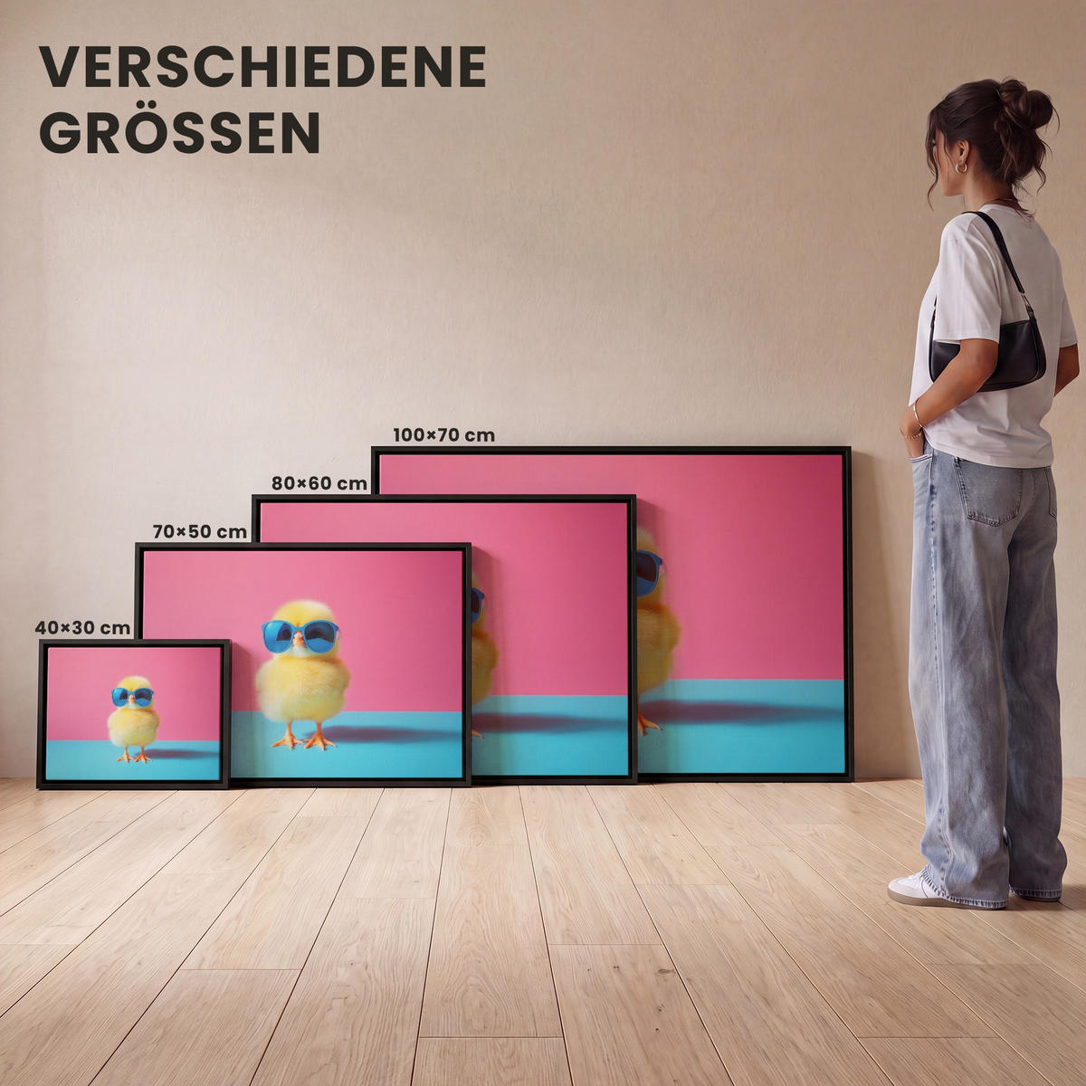 LEINWAND Bilder mit Rahmen - Chick - Sonnenbrille - Blau - 100x70 - Pink, Textil (100/70cm) - MuchoWow