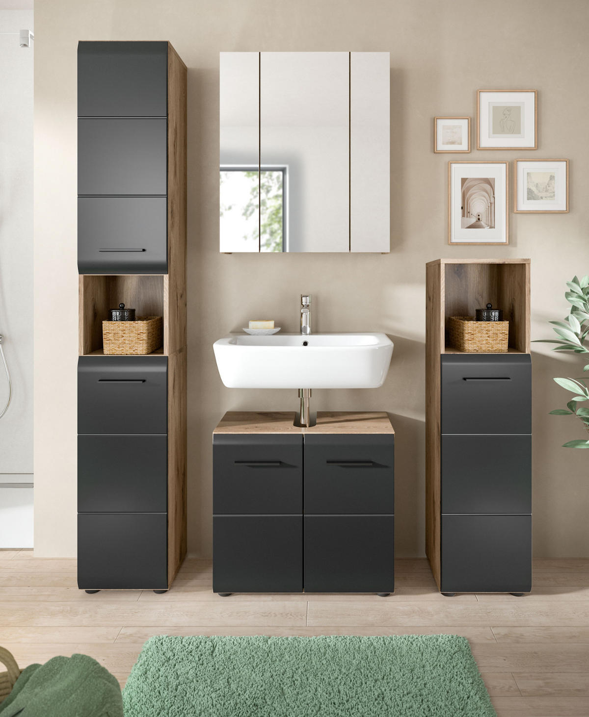 BADMÖBEL-SET Schwarz matt, Eiche Nox, Badezimmer 4-teilig 150 x 185 cm mit viel Stauraum - Eichefarben/Schwarz, Glas/Holzwerkstoff (150/185/30cm) - Inn.Furn