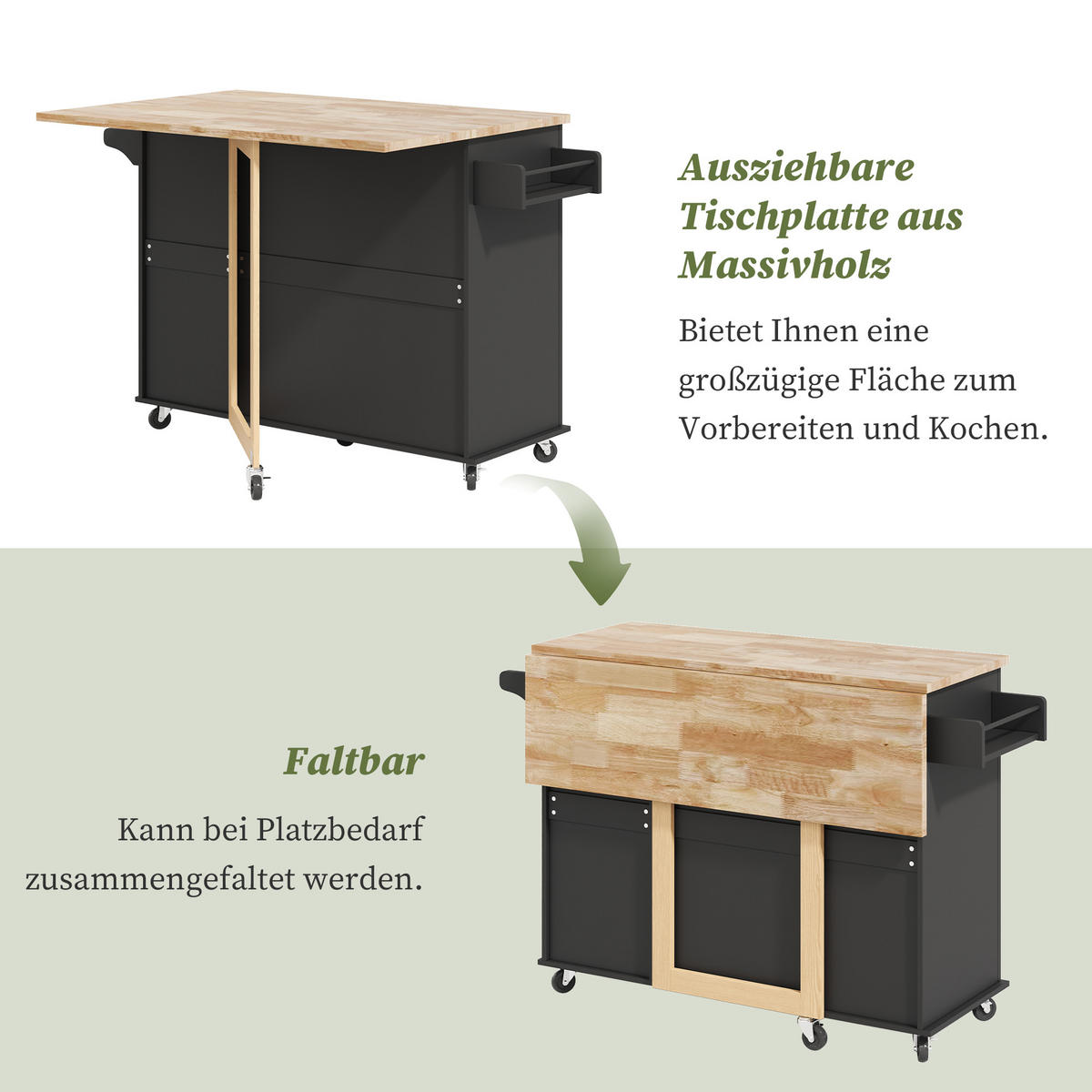 KÜCHENINSEL 137x76x92cm Schwarz mit Klappplatte, Schrank, 3 Schubladen & Rollen - Schwarz, Holzwerkstoff (137/92/76cm) - Modfu