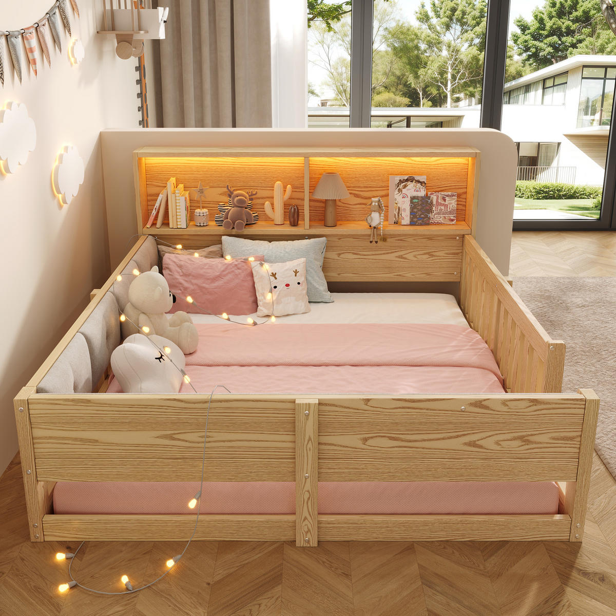 KINDERBETT aus Spanplatte & Plüsch 140x200 cm Natur mit Gitter, LED und Stauraum - Naturfarben, Holzwerkstoff (140/200cm) - Modfu