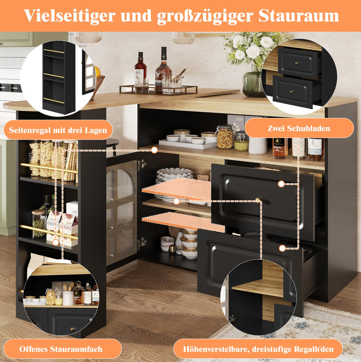 STEHTISCH 138-204x39x104cm Schwarz mit Snackregal & Drehfunktion - Schwarz, Holzwerkstoff (204/104/39cm) - Modfu